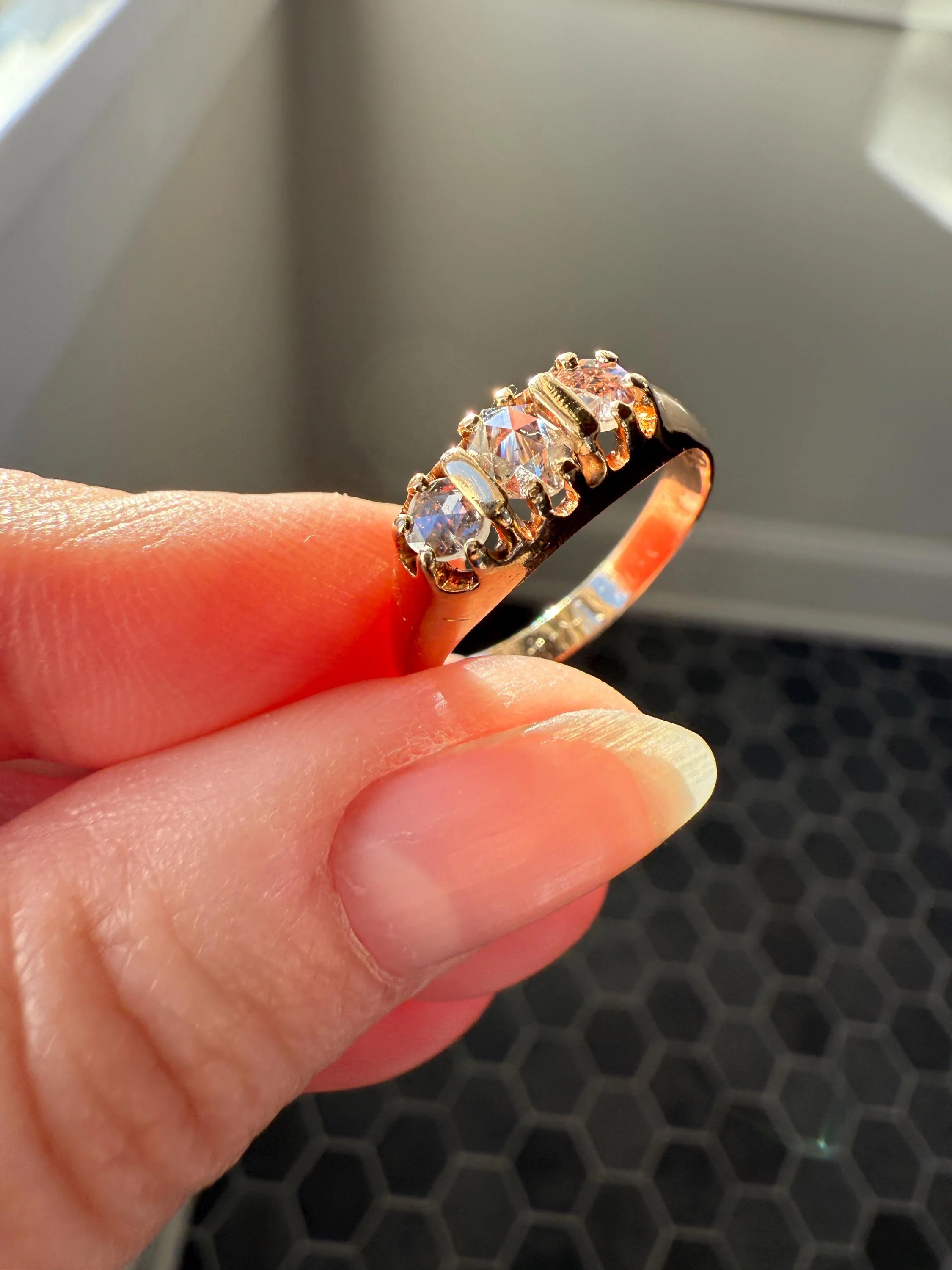 ROSE CUT DIAMOND Three Stone Antique Band Stacker Ring 14k Gold Glowing Trinity - Image 4