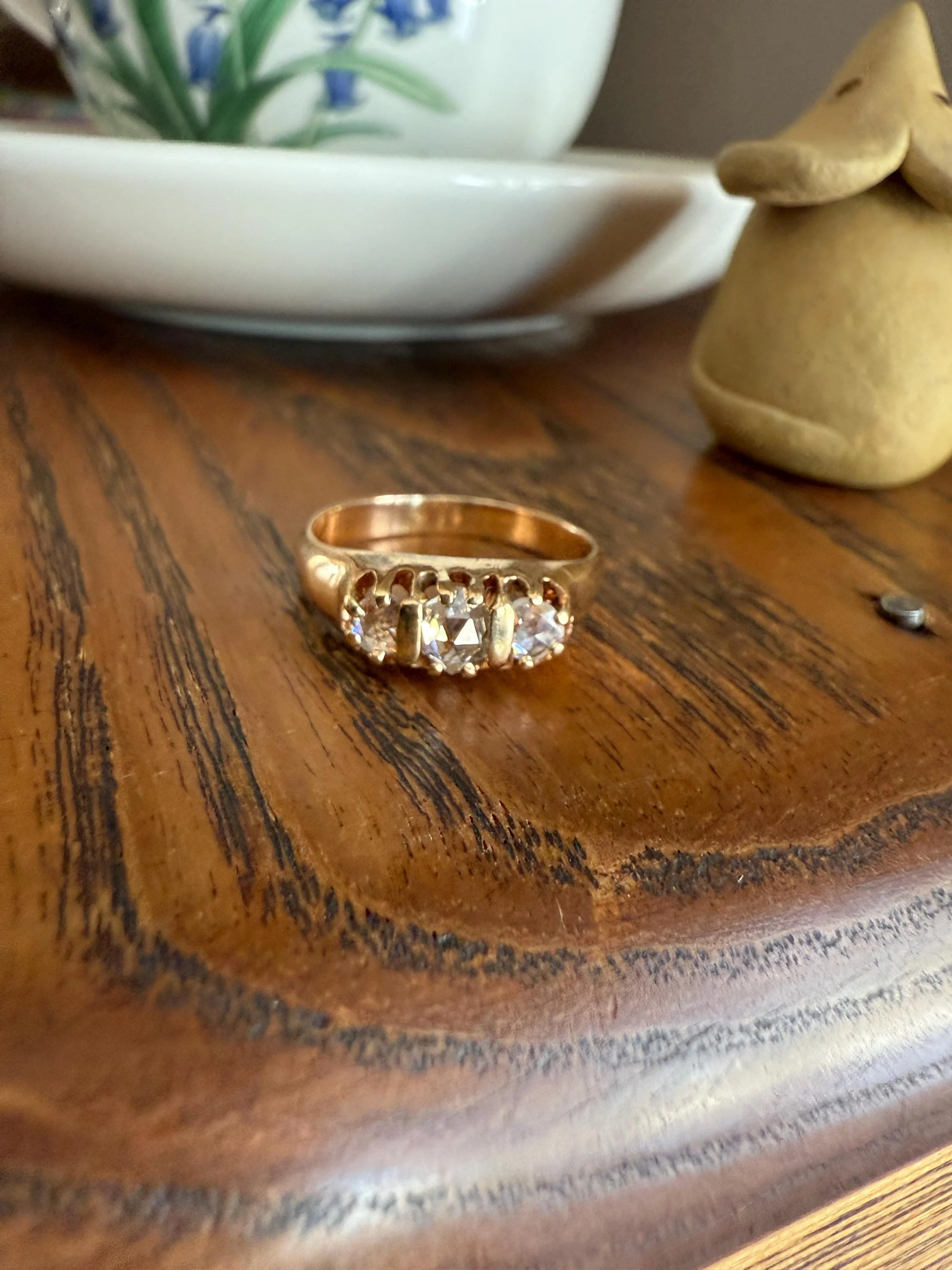 ROSE CUT DIAMOND Three Stone Antique Band Stacker Ring 14k Gold Glowing Trinity - Image 5