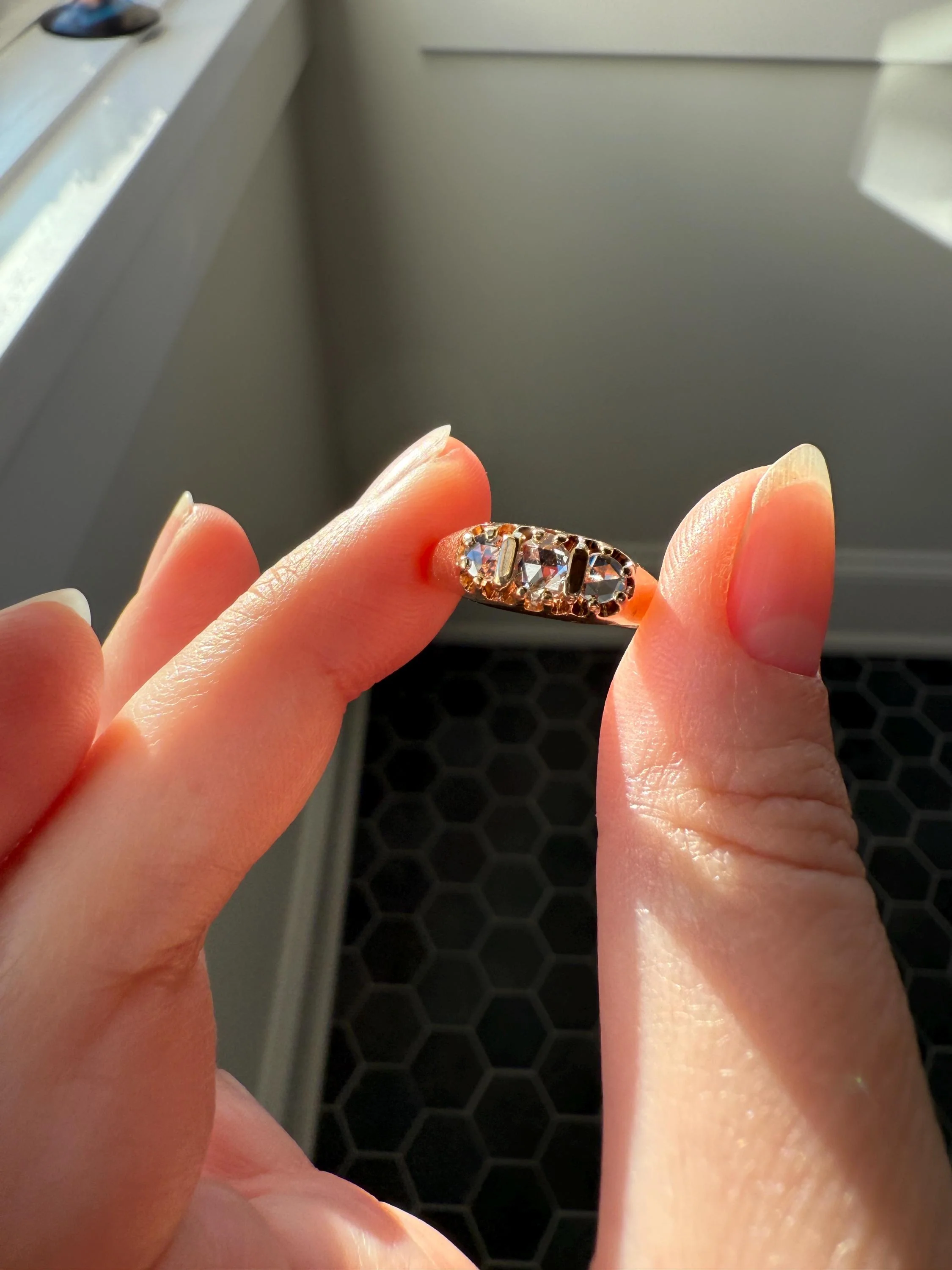 ROSE CUT DIAMOND Three Stone Antique Band Stacker Ring 14k Gold Glowing Trinity - Image 7