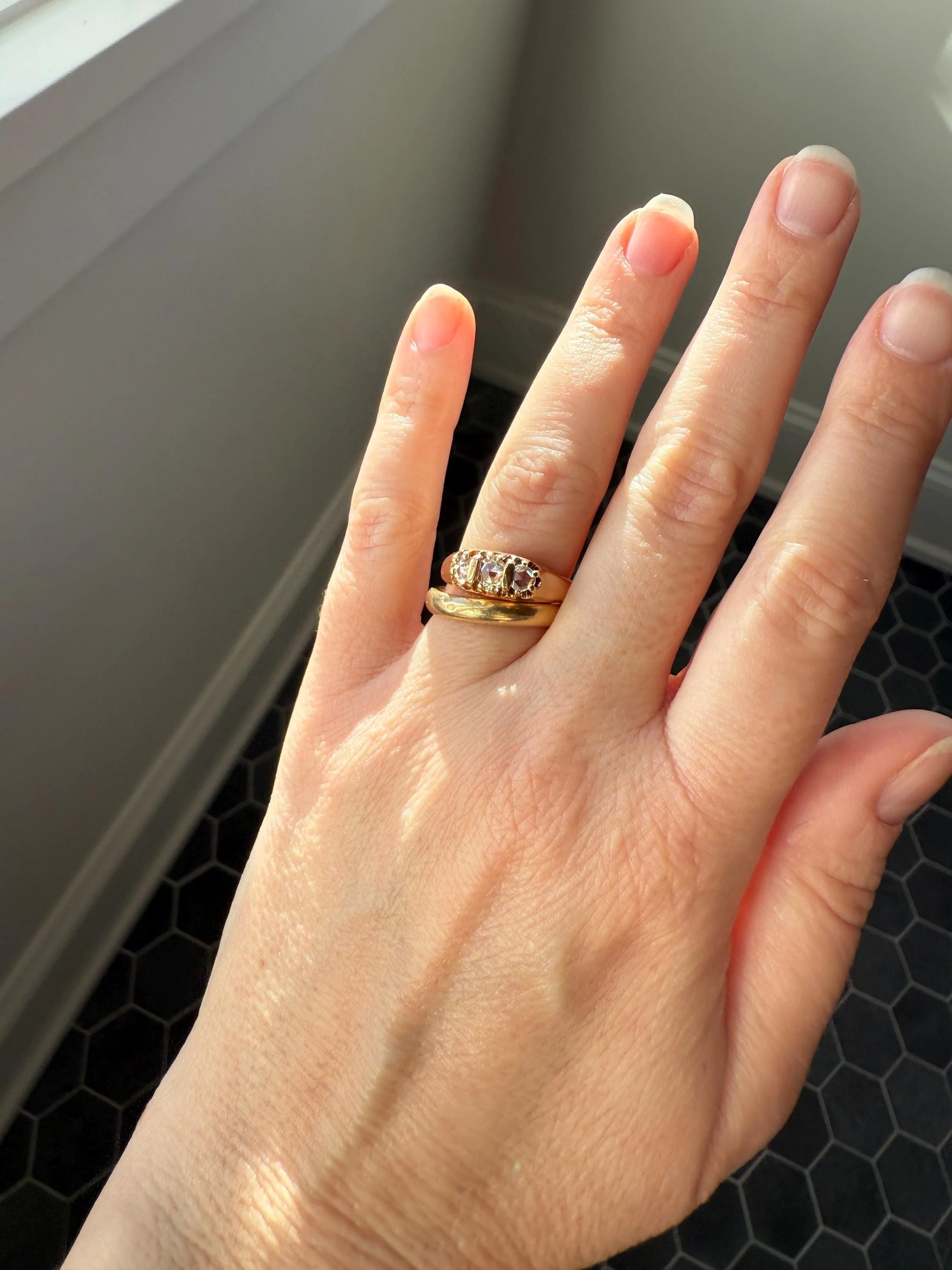 ROSE CUT DIAMOND Three Stone Antique Band Stacker Ring 14k Gold Glowing Trinity - Image 8