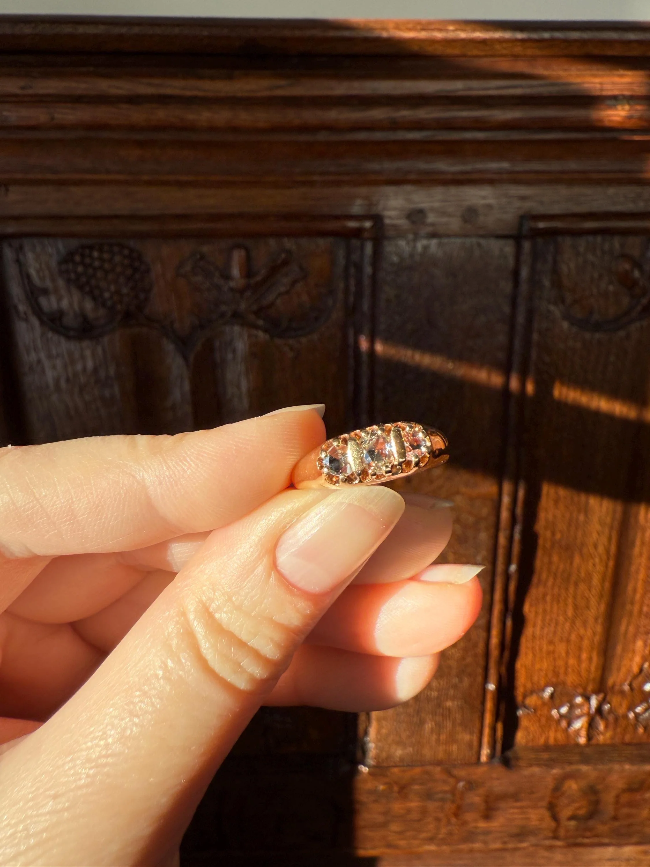 ROSE CUT DIAMOND Three Stone Antique Band Stacker Ring 14k Gold Glowing Trinity - Image 9