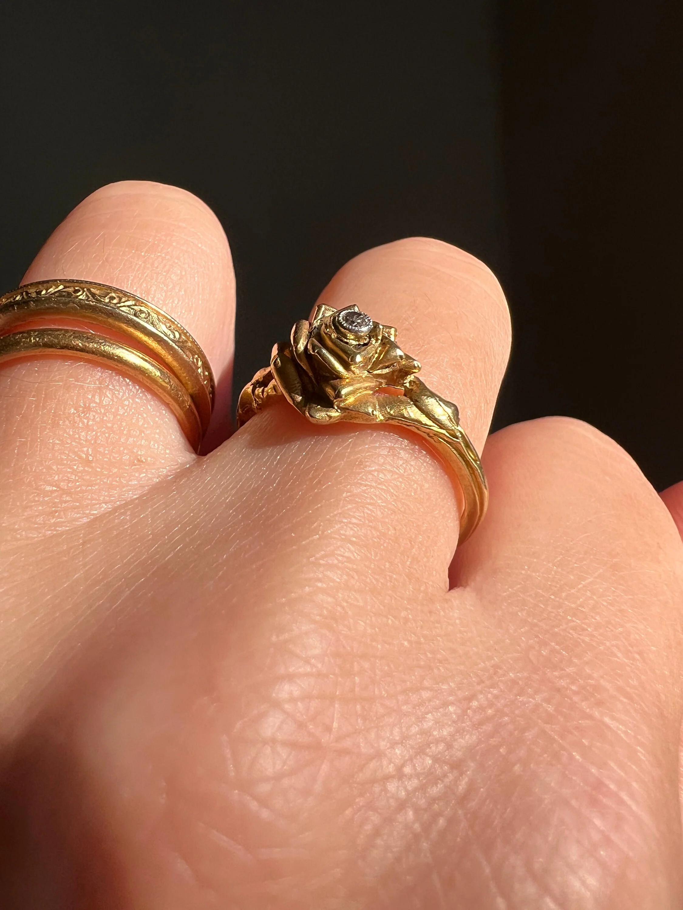 ROSE Floral Figural French Art Nouveau Antique Single Cut Diamond 18k Gold Ring - Image 10