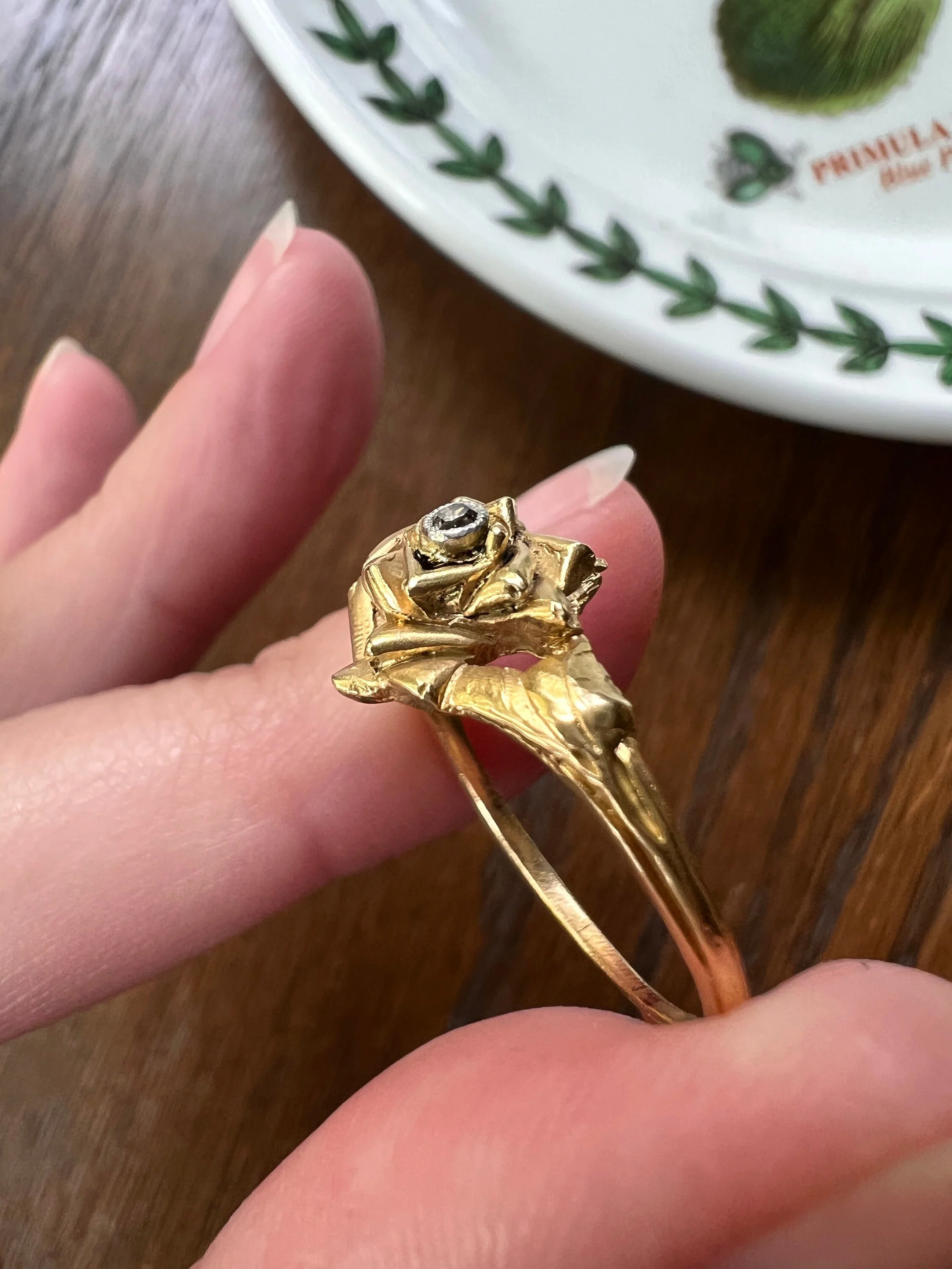 ROSE Floral Figural French Art Nouveau Antique Single Cut Diamond 18k Gold Ring - Image 4