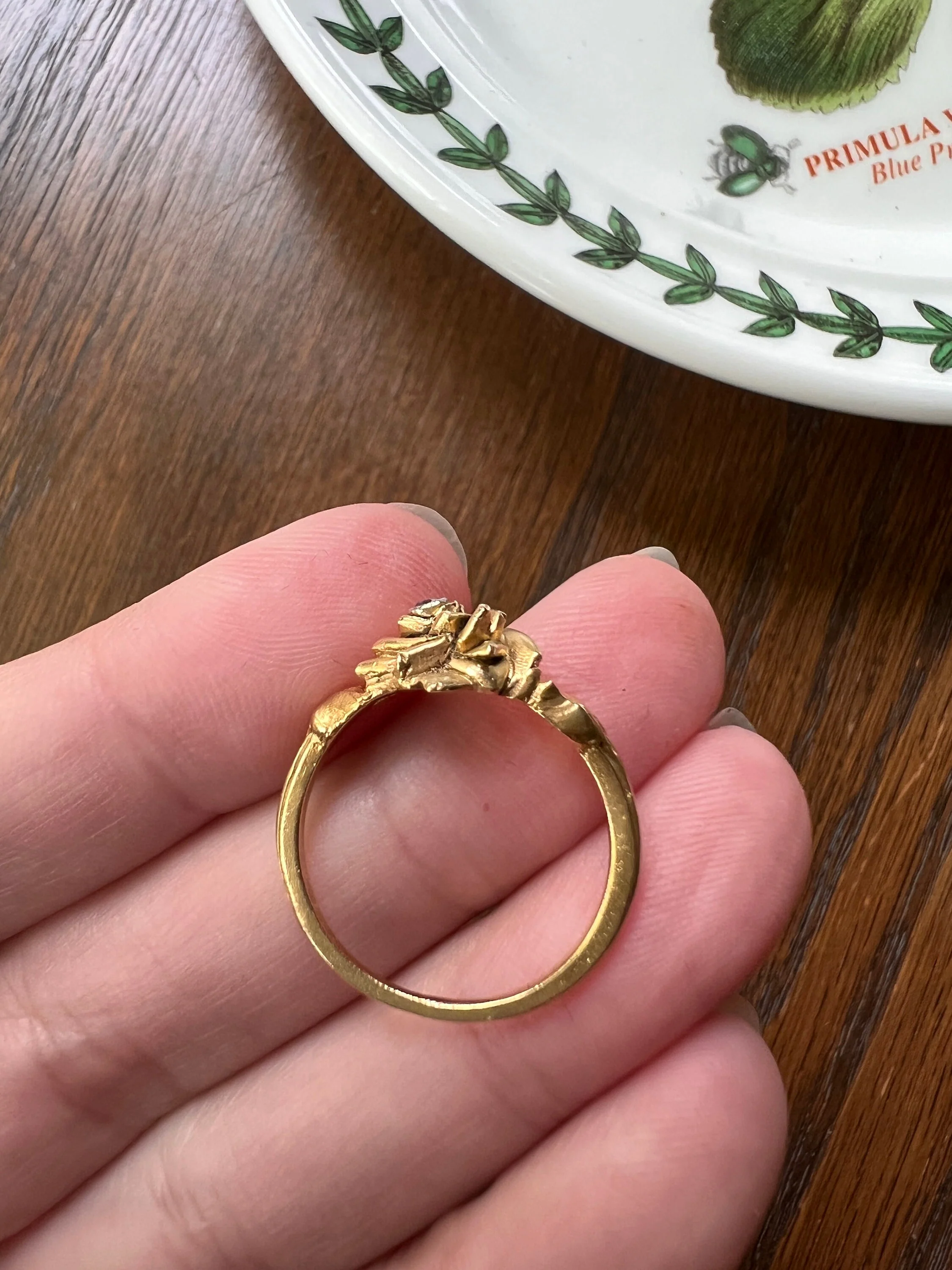 ROSE Floral Figural French Art Nouveau Antique Single Cut Diamond 18k Gold Ring - Image 5