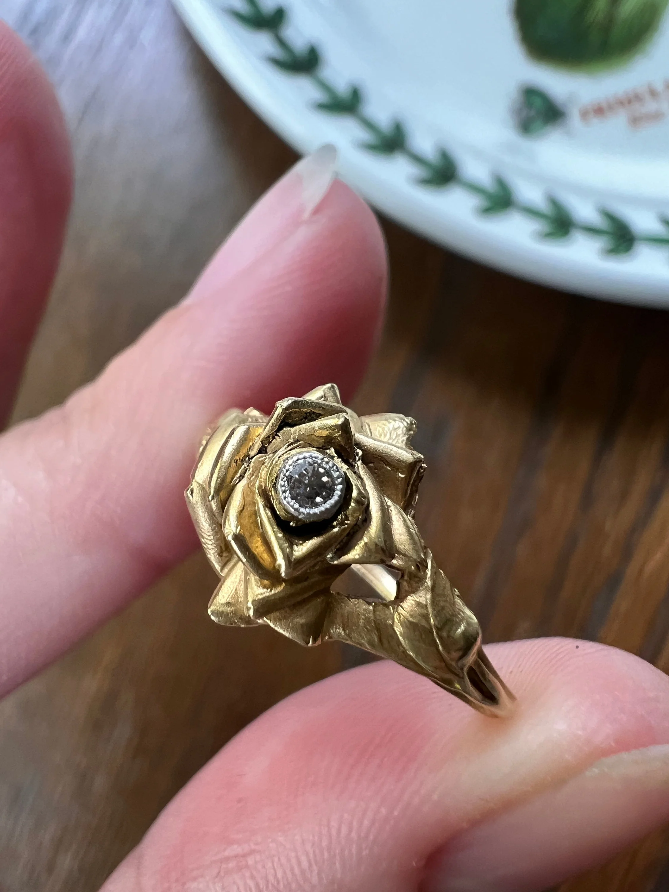 ROSE Floral Figural French Art Nouveau Antique Single Cut Diamond 18k Gold Ring - Image 6