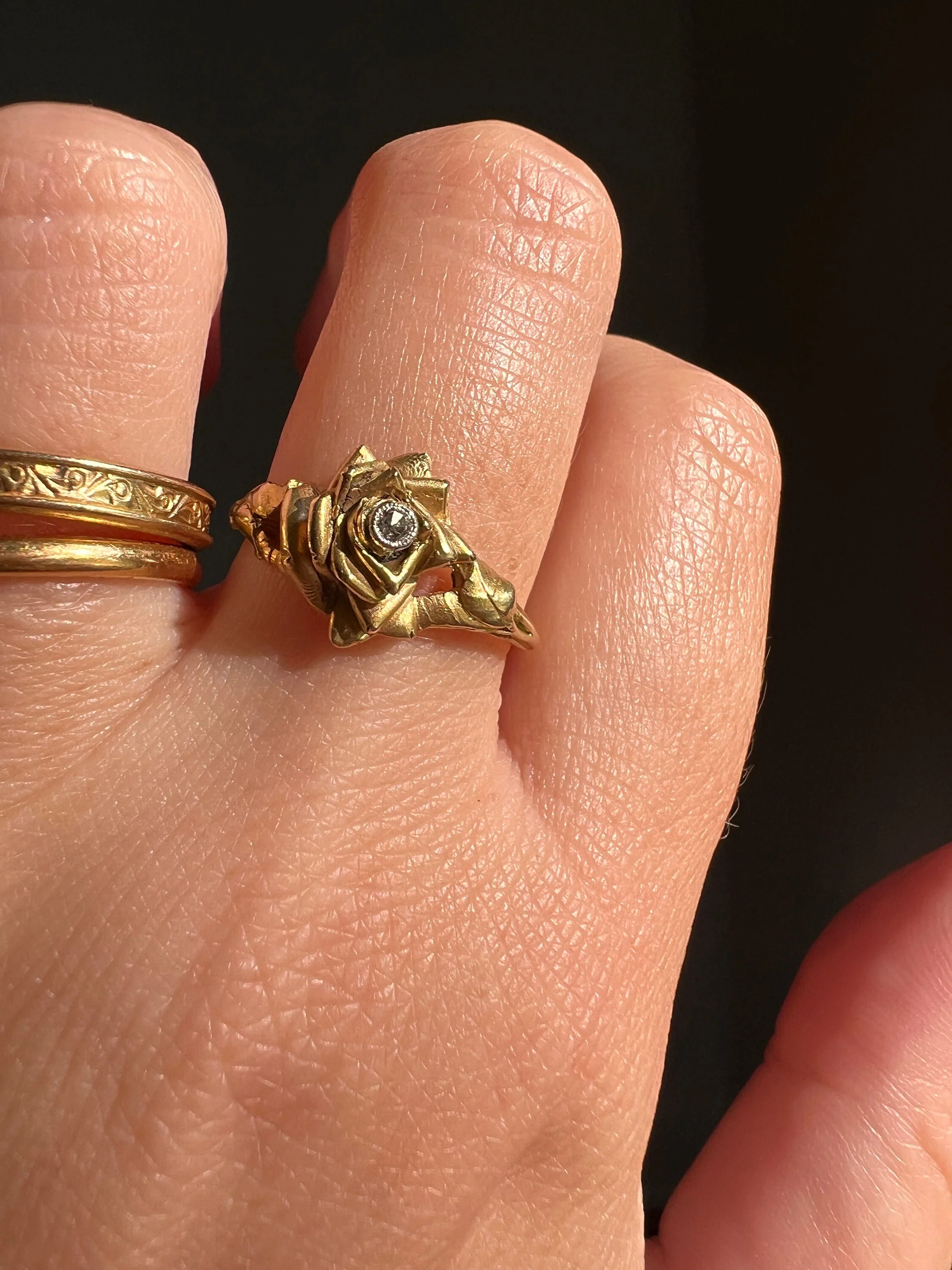 ROSE Floral Figural French Art Nouveau Antique Single Cut Diamond 18k Gold Ring - Image 9
