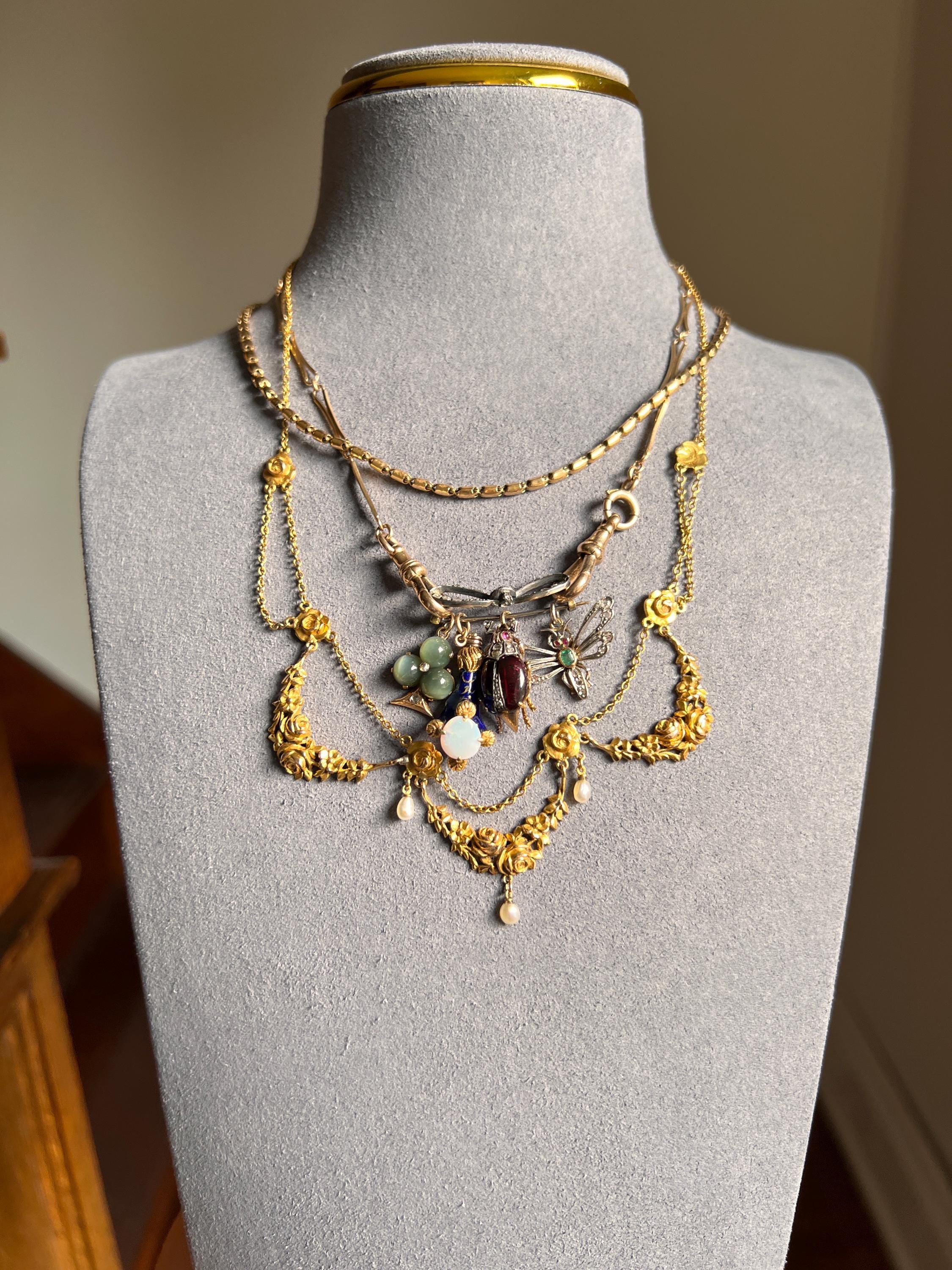ROSES Floral Garland Festoon French Art Nouveau Pearl 18k Gold Draping Necklace Chain Belle Epoque - Image 10