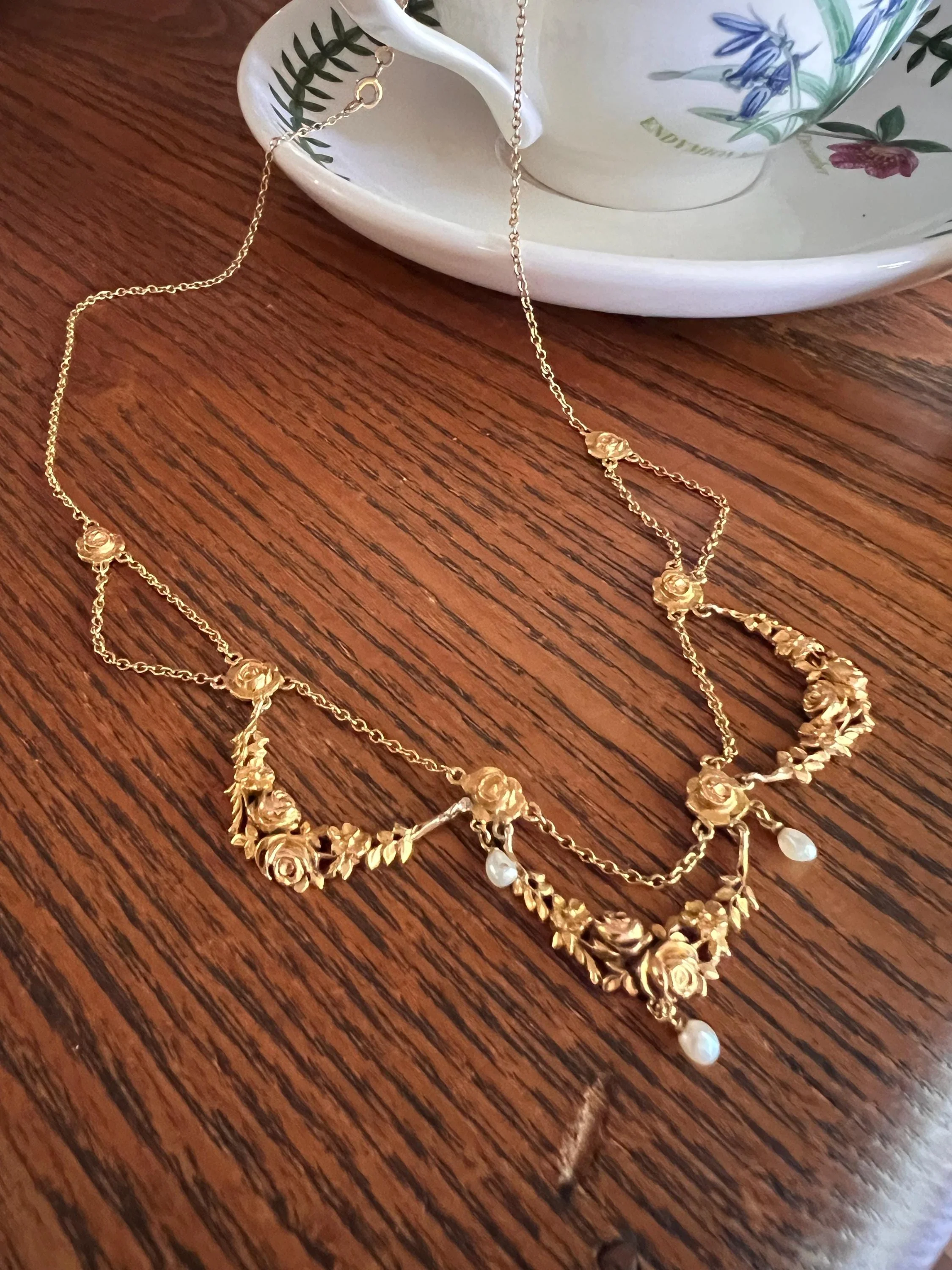 ROSES Floral Garland Festoon French Art Nouveau Pearl 18k Gold Draping Necklace Chain Belle Epoque - Image 2