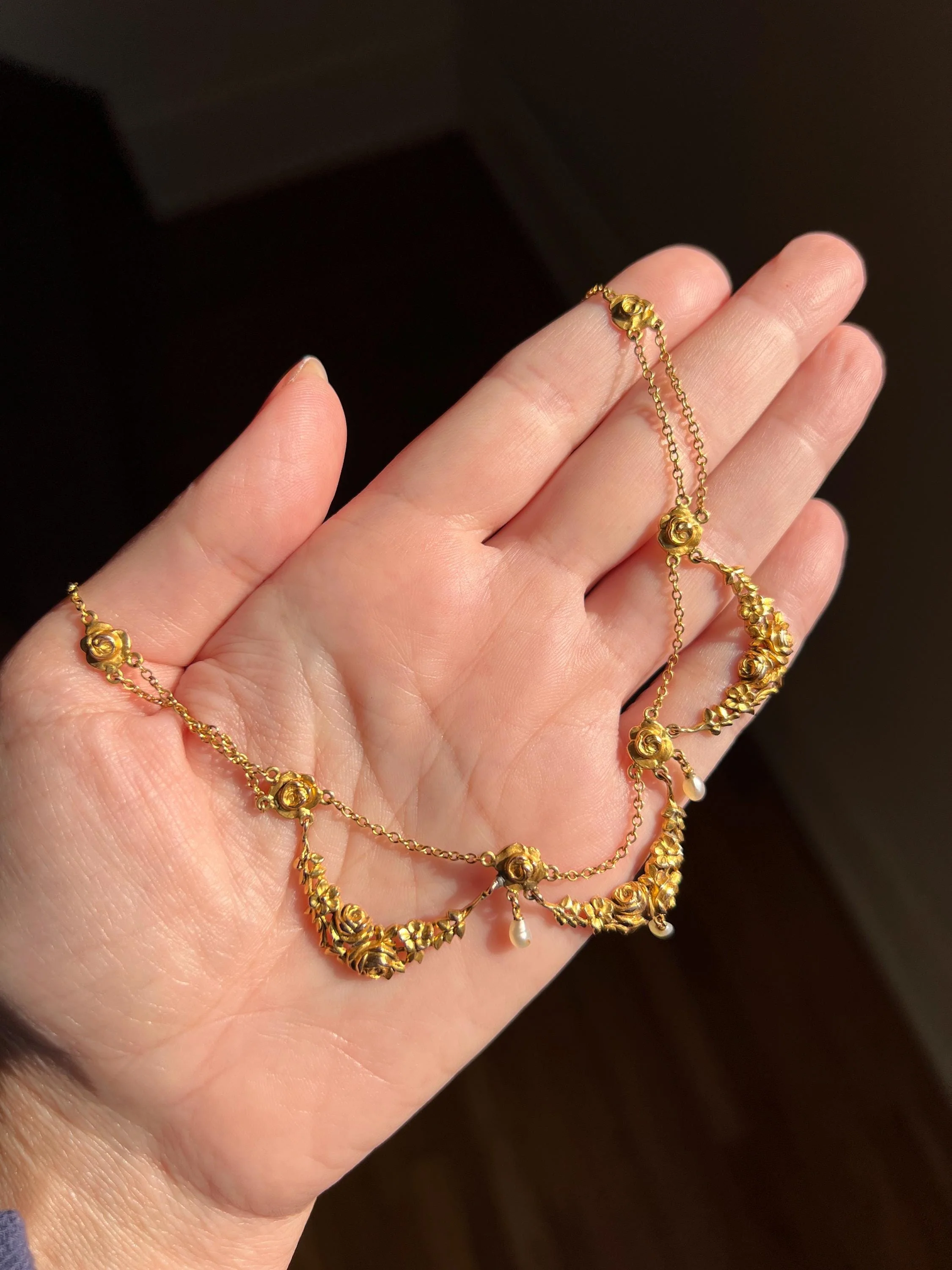 ROSES Floral Garland Festoon French Art Nouveau Pearl 18k Gold Draping Necklace Chain Belle Epoque - Image 3