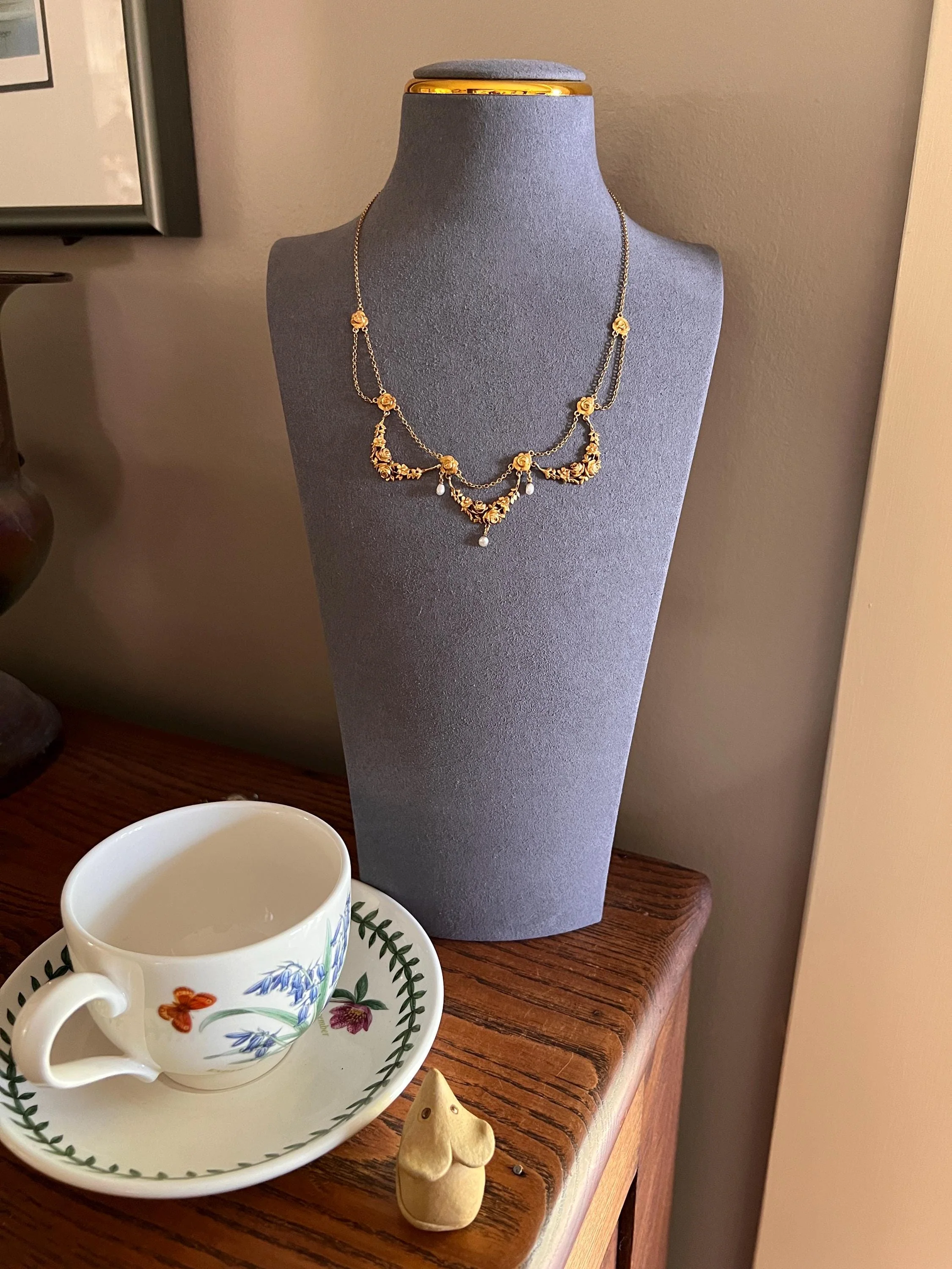 ROSES Floral Garland Festoon French Art Nouveau Pearl 18k Gold Draping Necklace Chain Belle Epoque - Image 5