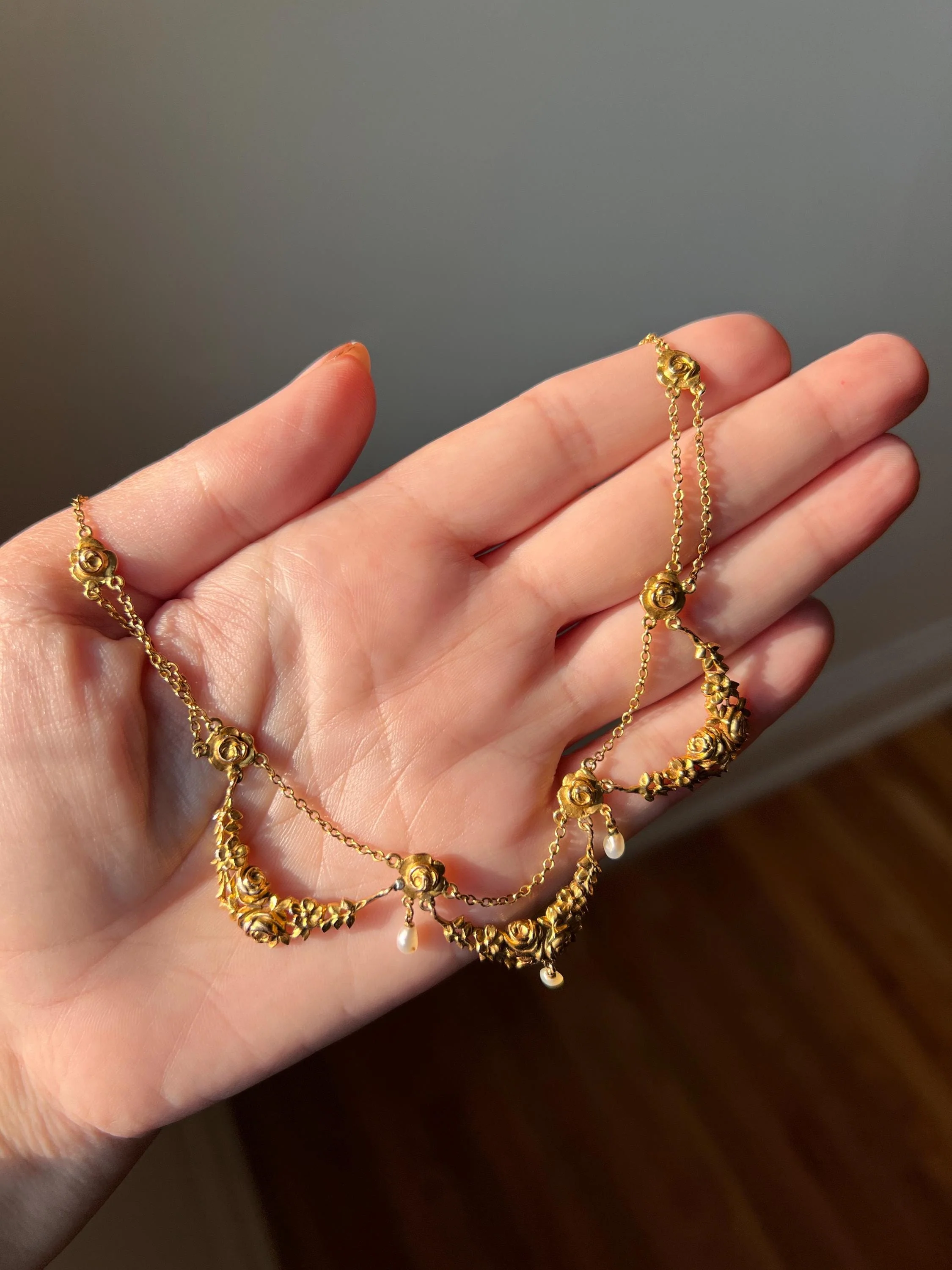 ROSES Floral Garland Festoon French Art Nouveau Pearl 18k Gold Draping Necklace Chain Belle Epoque - Image 6