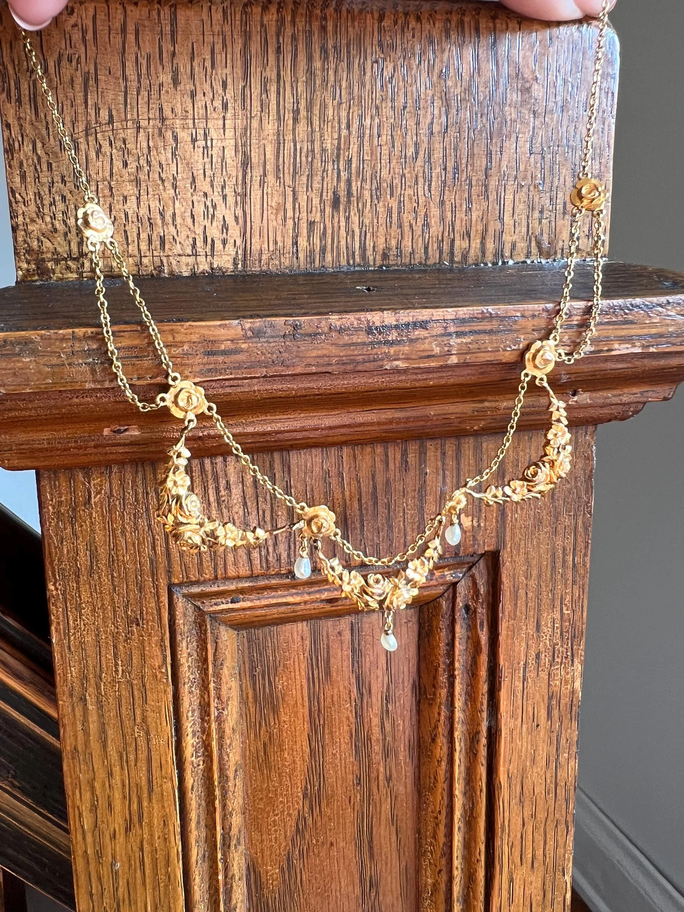 ROSES Floral Garland Festoon French Art Nouveau Pearl 18k Gold Draping Necklace Chain Belle Epoque - Image 7