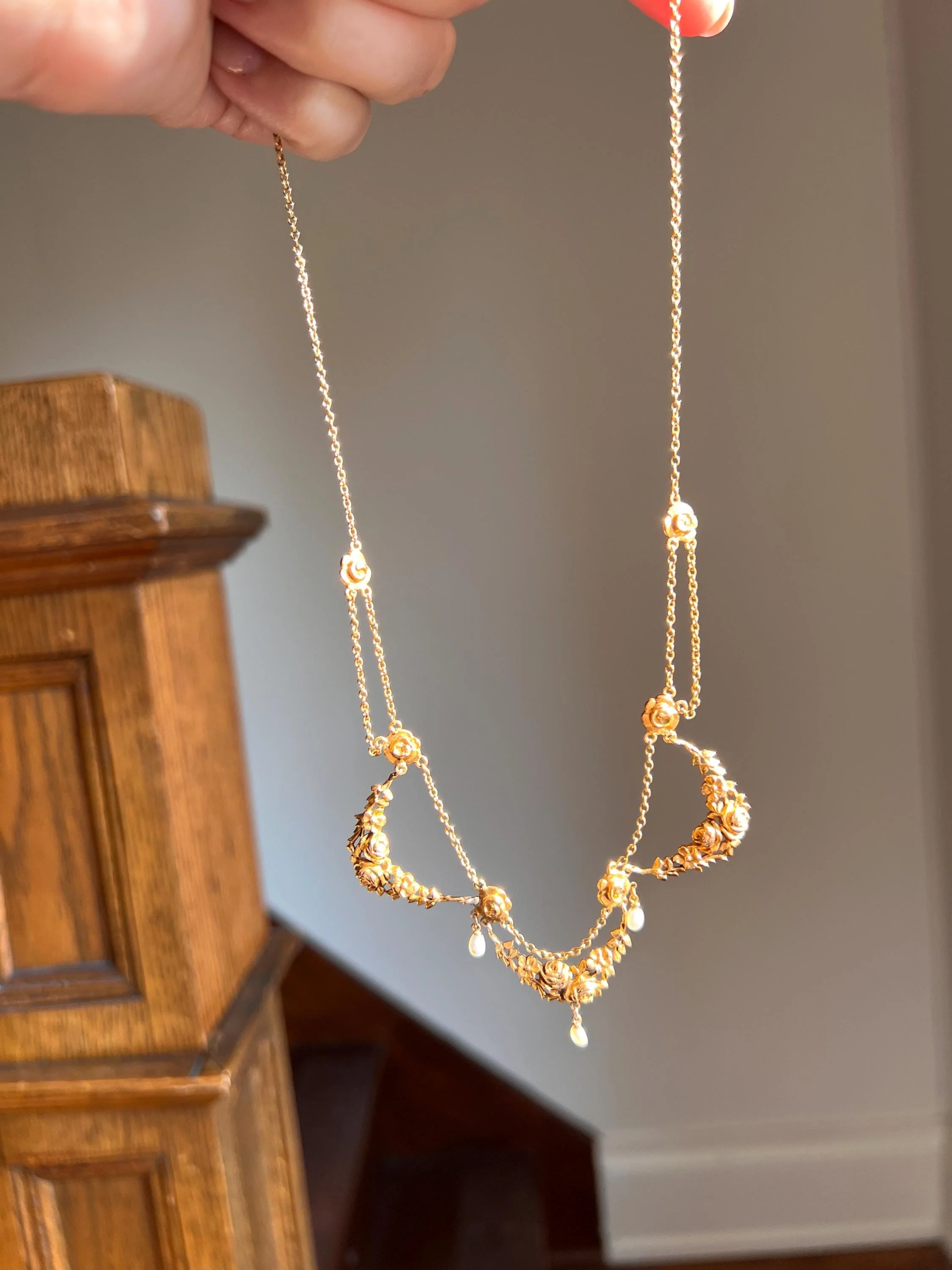 ROSES Floral Garland Festoon French Art Nouveau Pearl 18k Gold Draping Necklace Chain Belle Epoque - Image 8