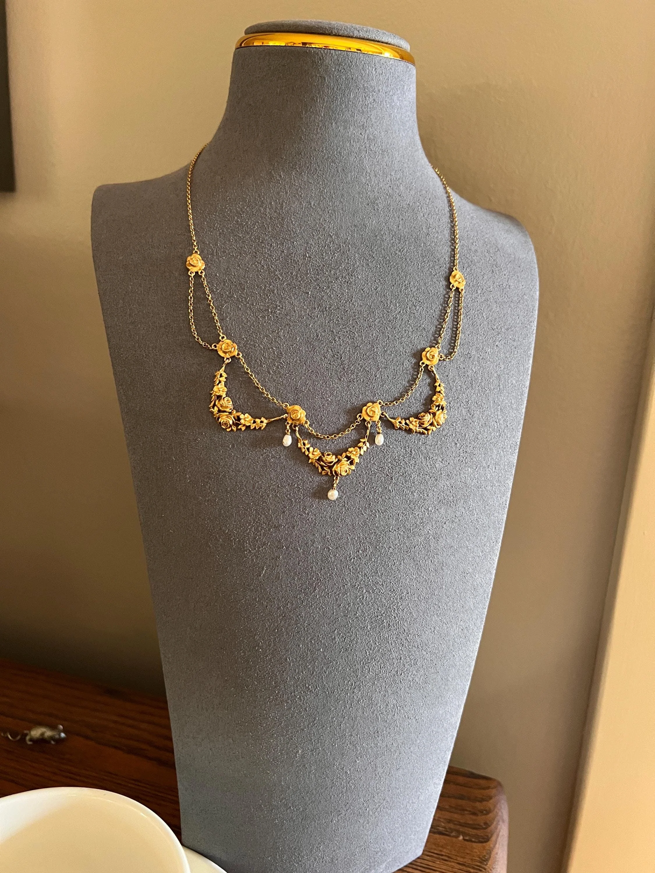 ROSES Floral Garland Festoon French Art Nouveau Pearl 18k Gold Draping Necklace Chain Belle Epoque - Image 9