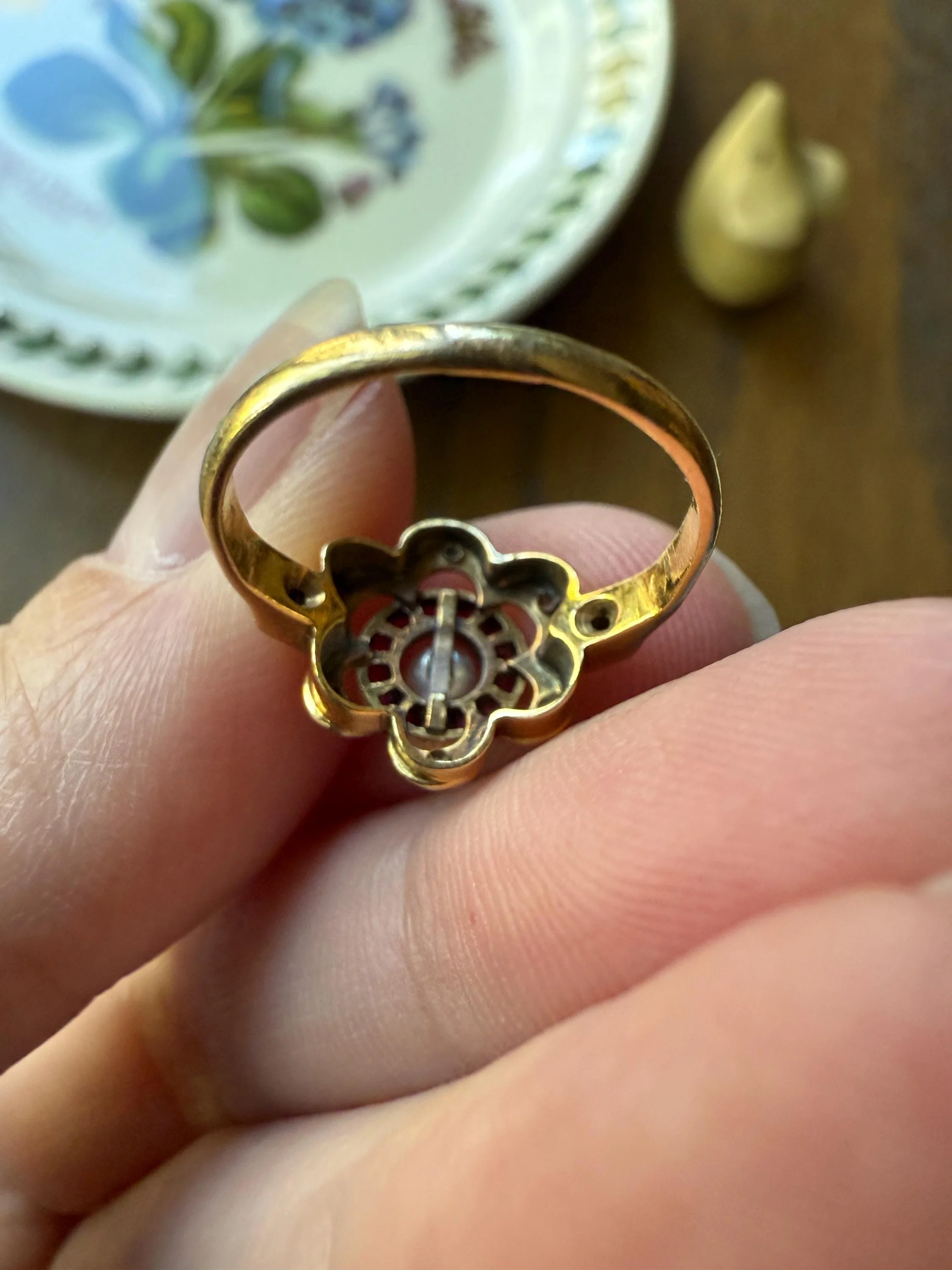 Ruby HALO Ring Scalloped 18k Gold Antique Pearl Rose Cut Diamond Pink Red Dainty Ring French Belle Epoque Stacker Pinky Midi - Image 10
