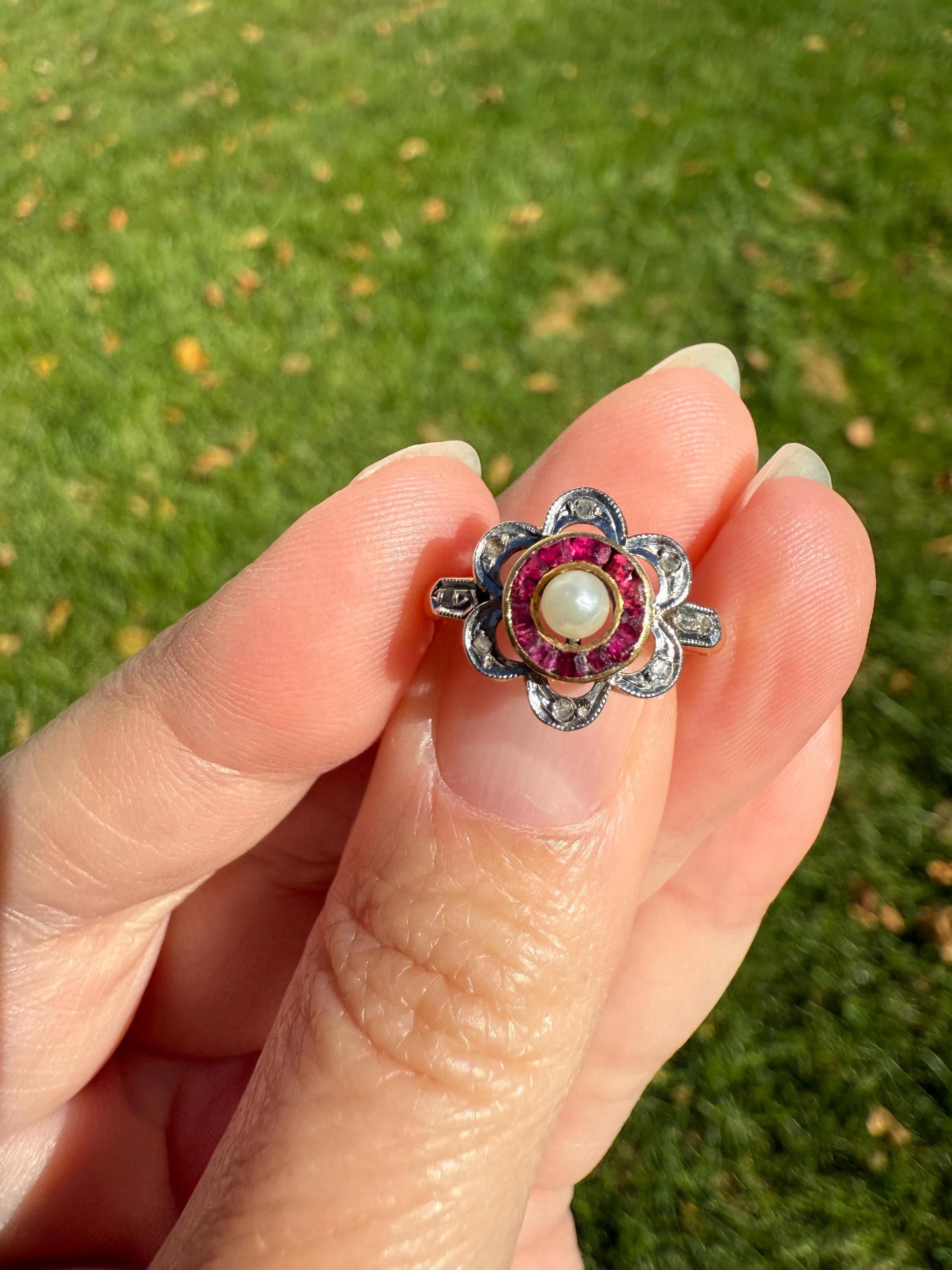 Ruby HALO Ring Scalloped 18k Gold Antique Pearl Rose Cut Diamond Pink Red Dainty Ring French Belle Epoque Stacker Pinky Midi - Image 11