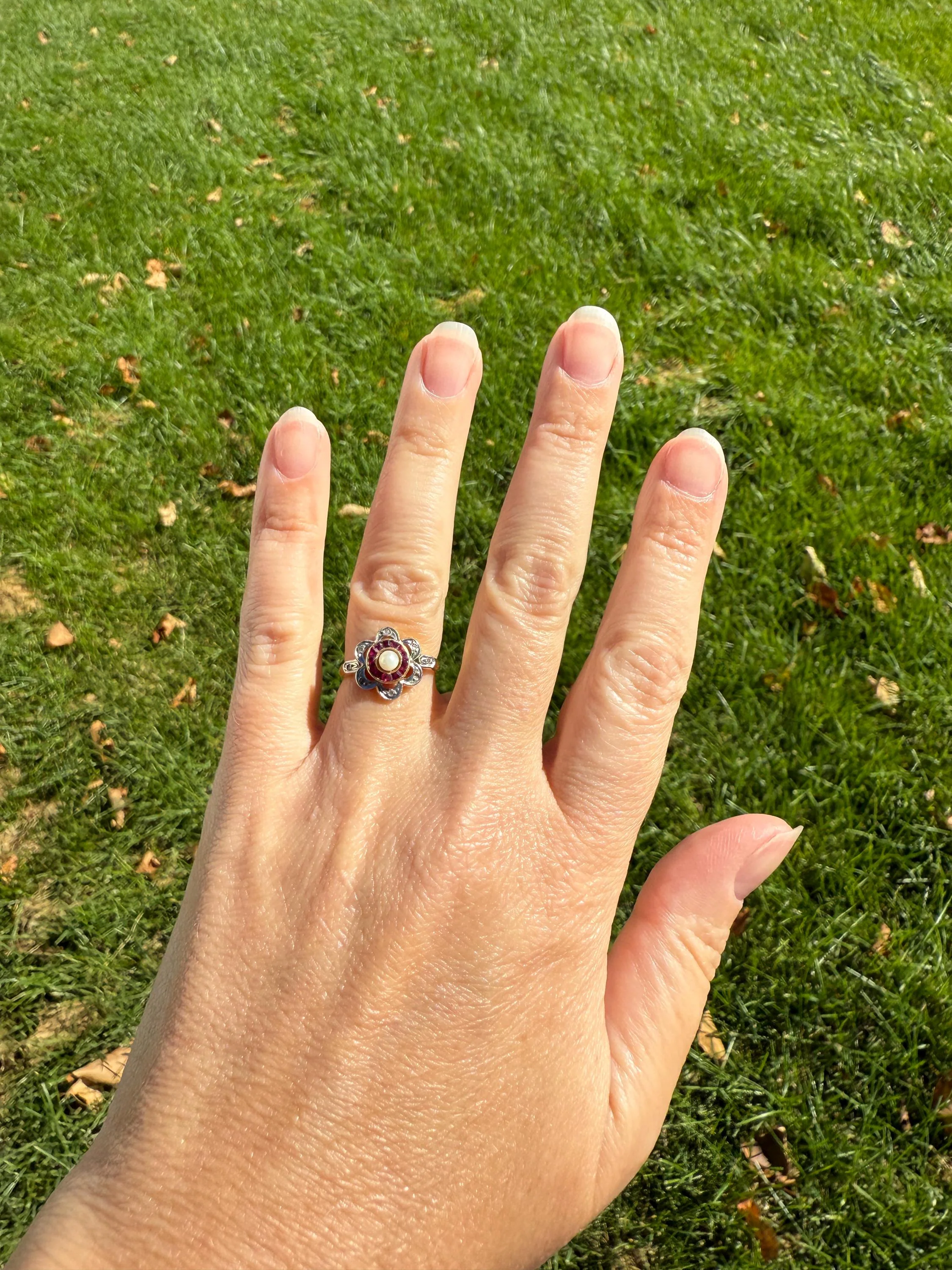 Ruby HALO Ring Scalloped 18k Gold Antique Pearl Rose Cut Diamond Pink Red Dainty Ring French Belle Epoque Stacker Pinky Midi - Image 3