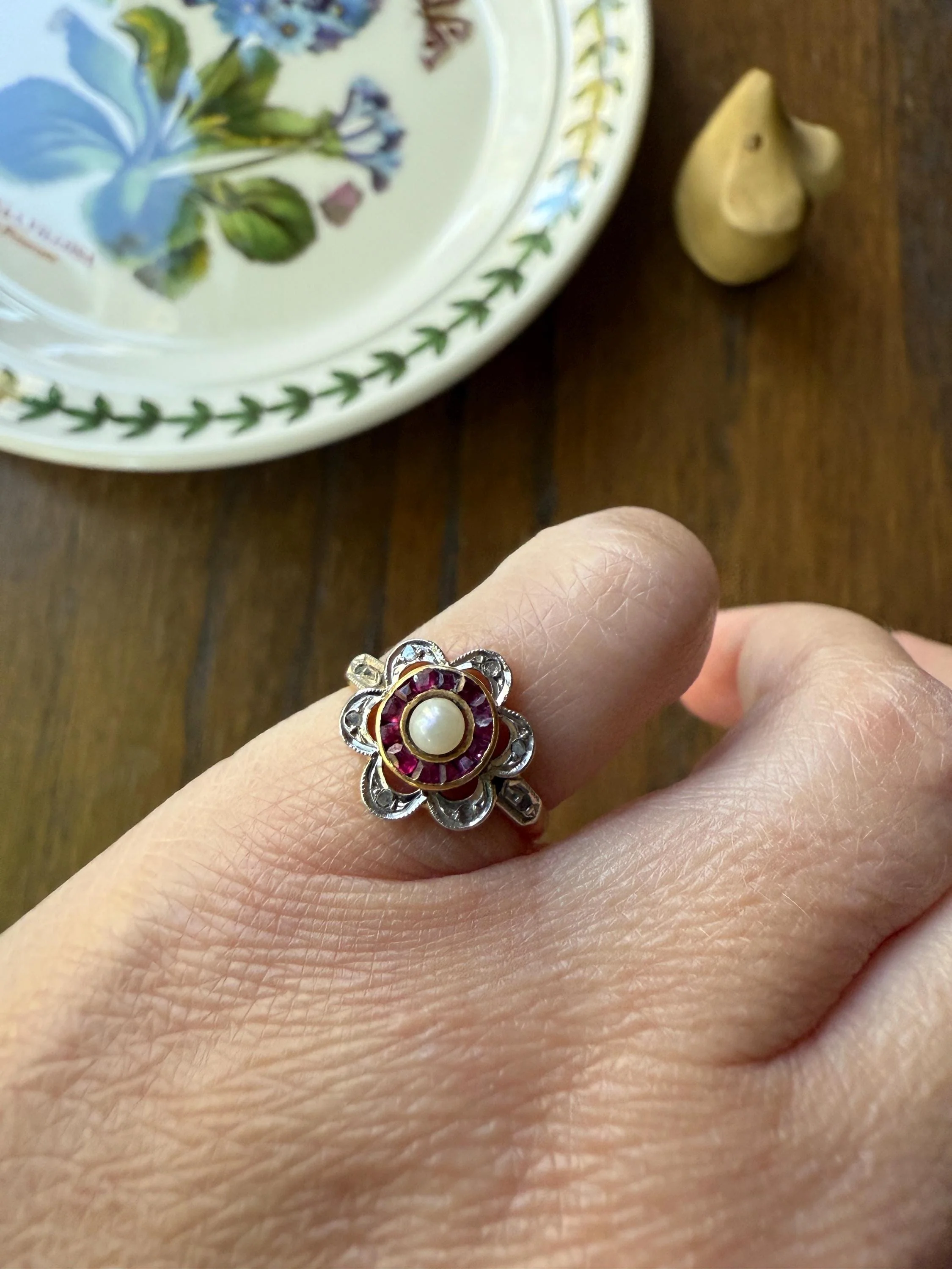 Ruby HALO Ring Scalloped 18k Gold Antique Pearl Rose Cut Diamond Pink Red Dainty Ring French Belle Epoque Stacker Pinky Midi - Image 7