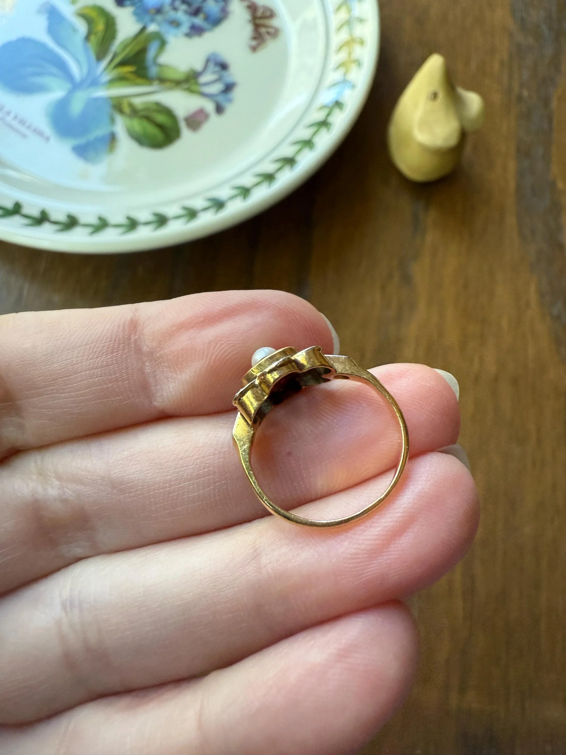 Ruby HALO Ring Scalloped 18k Gold Antique Pearl Rose Cut Diamond Pink Red Dainty Ring French Belle Epoque Stacker Pinky Midi - Image 9