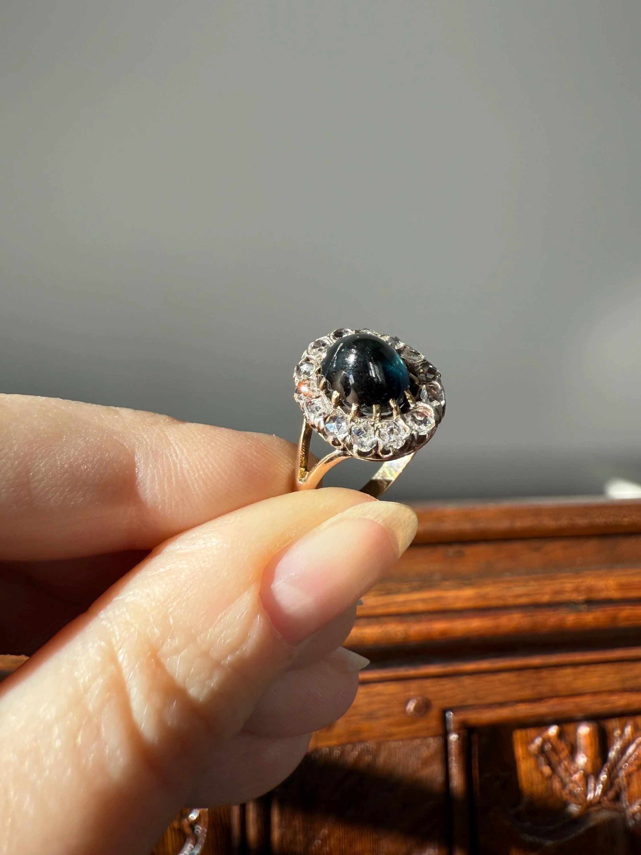 SAPPHIRE Antique Natural Blue Green Cabochon Rose Cut DIAMOND Halo Ring 14k Gold & Silver Domed Orb Unique Teal Gift Stacker - Image 10