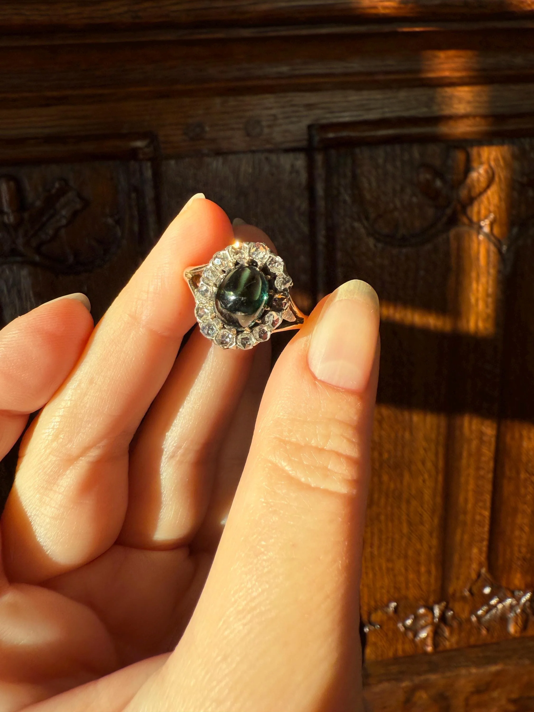 SAPPHIRE Antique Natural Blue Green Cabochon Rose Cut DIAMOND Halo Ring 14k Gold & Silver Domed Orb Unique Teal Gift Stacker - Image 11