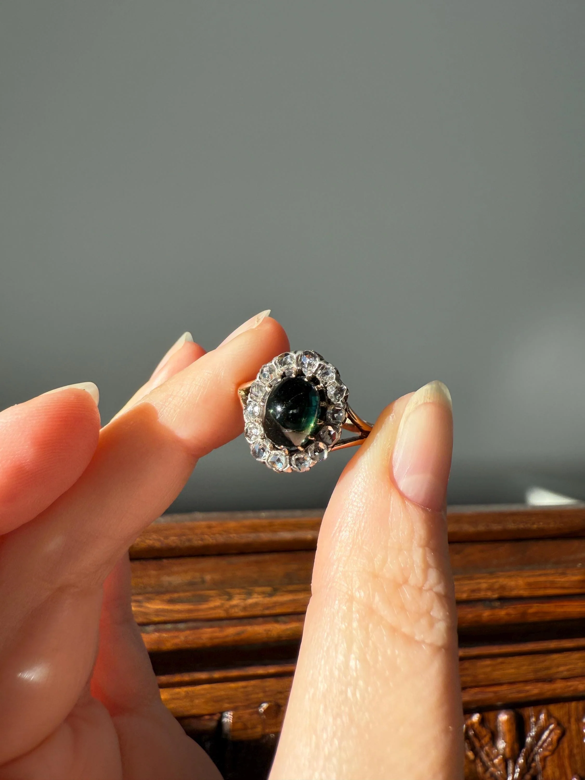 SAPPHIRE Antique Natural Blue Green Cabochon Rose Cut DIAMOND Halo Ring 14k Gold & Silver Domed Orb Unique Teal Gift Stacker - Image 12