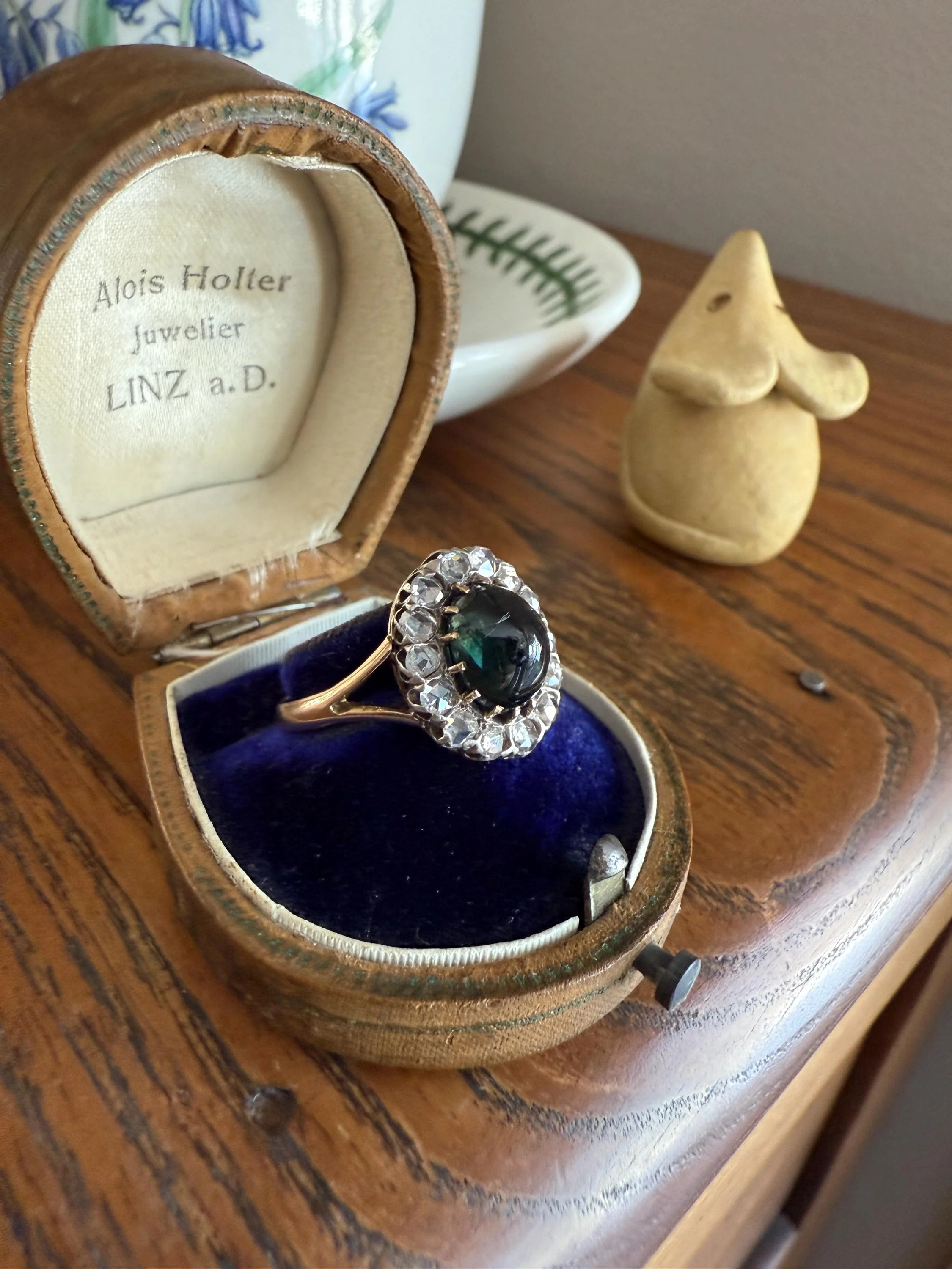 SAPPHIRE Antique Natural Blue Green Cabochon Rose Cut DIAMOND Halo Ring 14k Gold & Silver Domed Orb Unique Teal Gift Stacker - Image 13