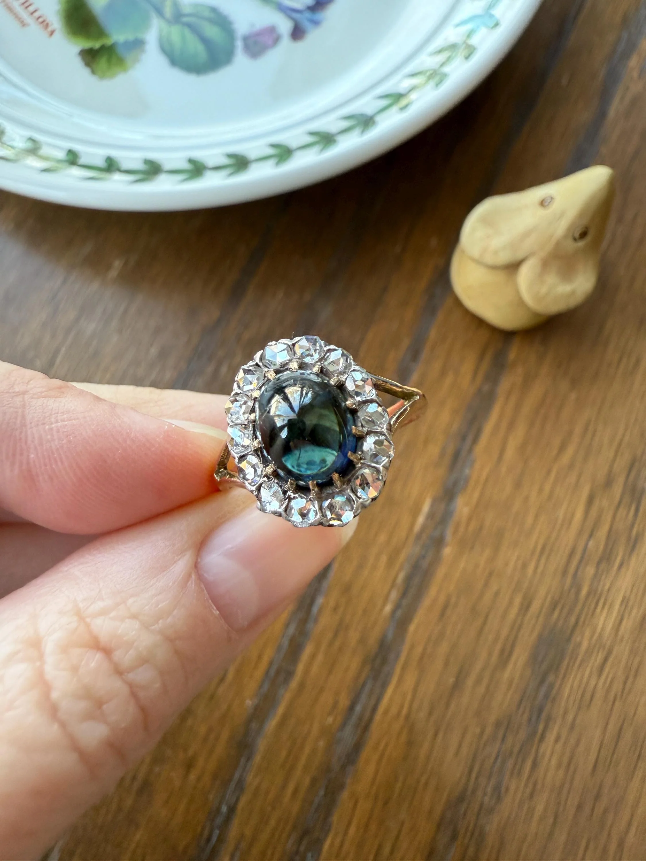SAPPHIRE Antique Natural Blue Green Cabochon Rose Cut DIAMOND Halo Ring 14k Gold & Silver Domed Orb Unique Teal Gift Stacker - Image 14