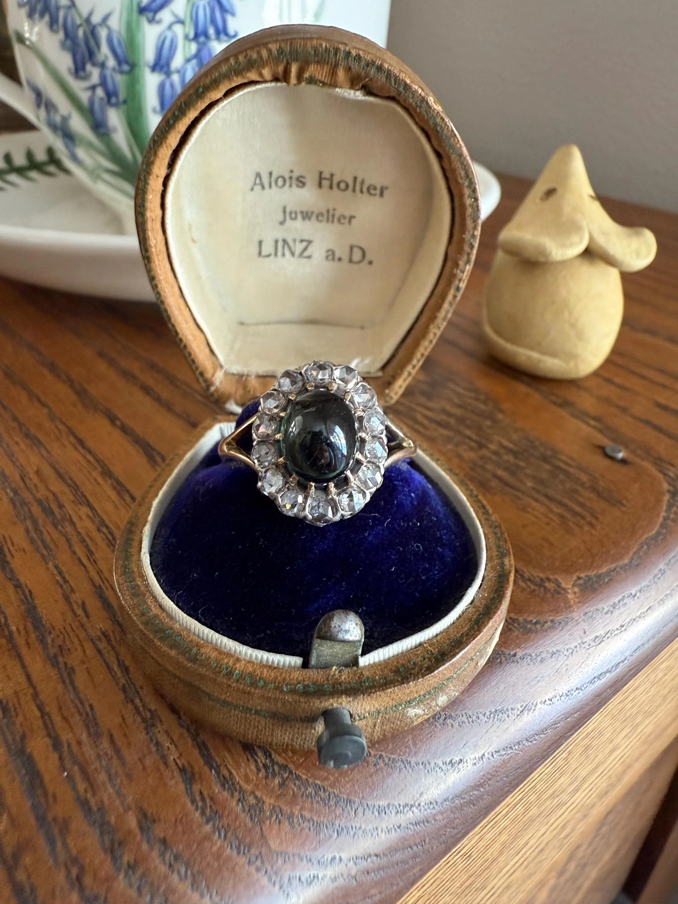 SAPPHIRE Antique Natural Blue Green Cabochon Rose Cut DIAMOND Halo Ring 14k Gold & Silver Domed Orb Unique Teal Gift Stacker - Image 15