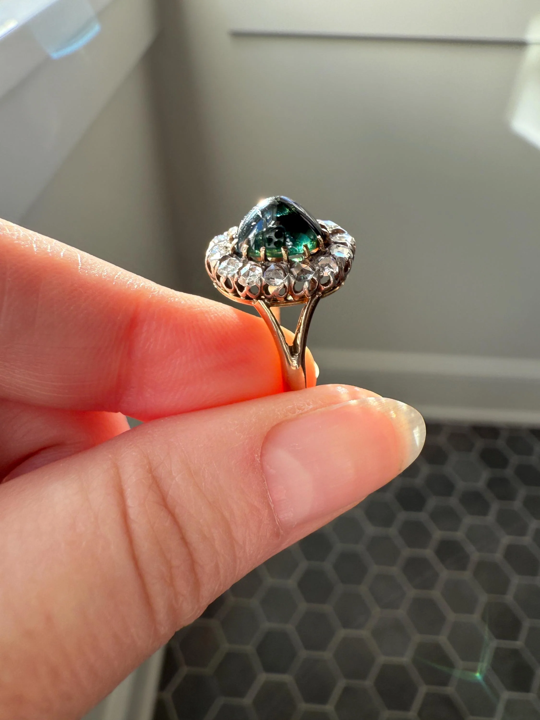 SAPPHIRE Antique Natural Blue Green Cabochon Rose Cut DIAMOND Halo Ring 14k Gold & Silver Domed Orb Unique Teal Gift Stacker - Image 16