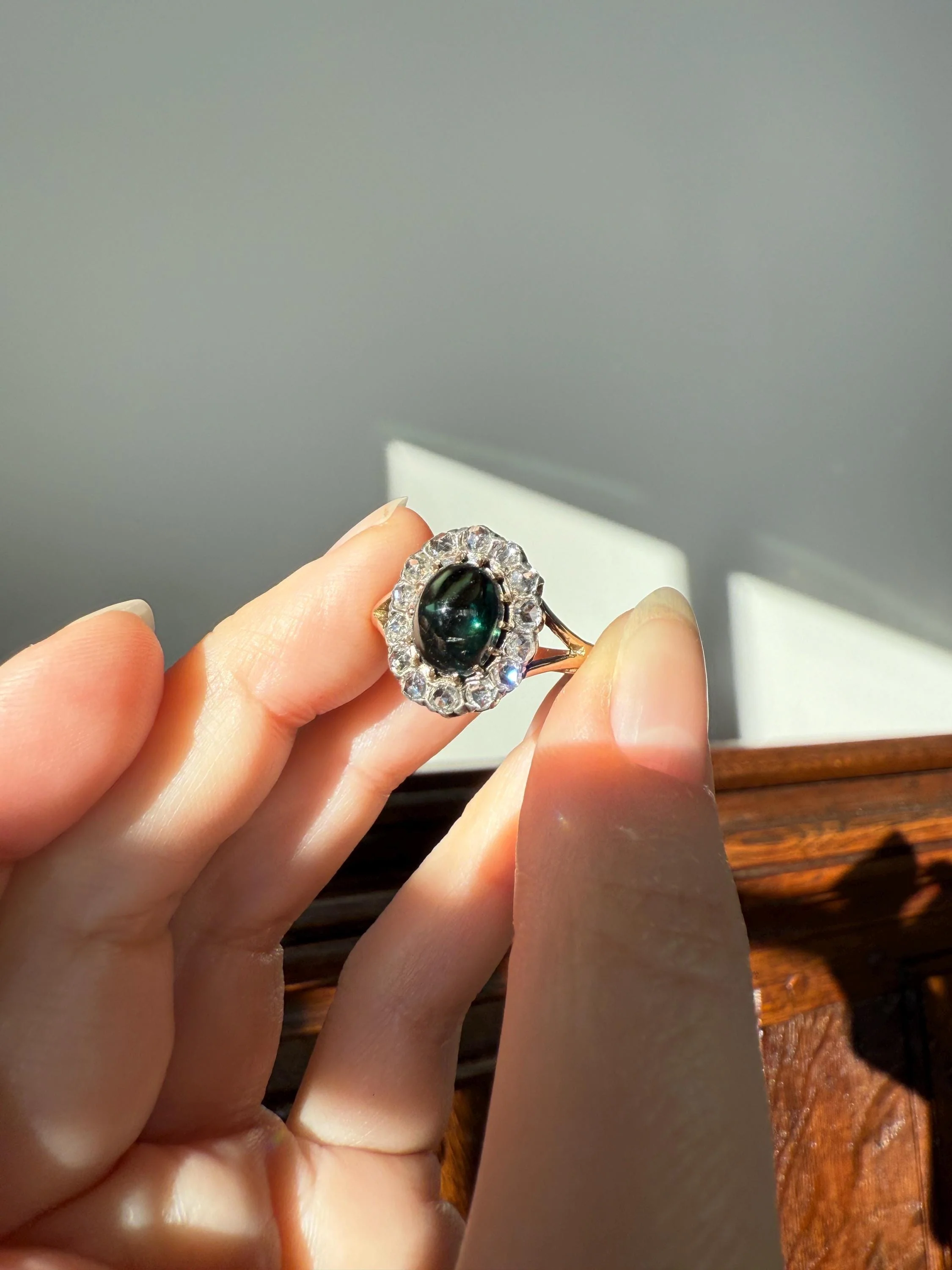 SAPPHIRE Antique Natural Blue Green Cabochon Rose Cut DIAMOND Halo Ring 14k Gold & Silver Domed Orb Unique Teal Gift Stacker - Image 17