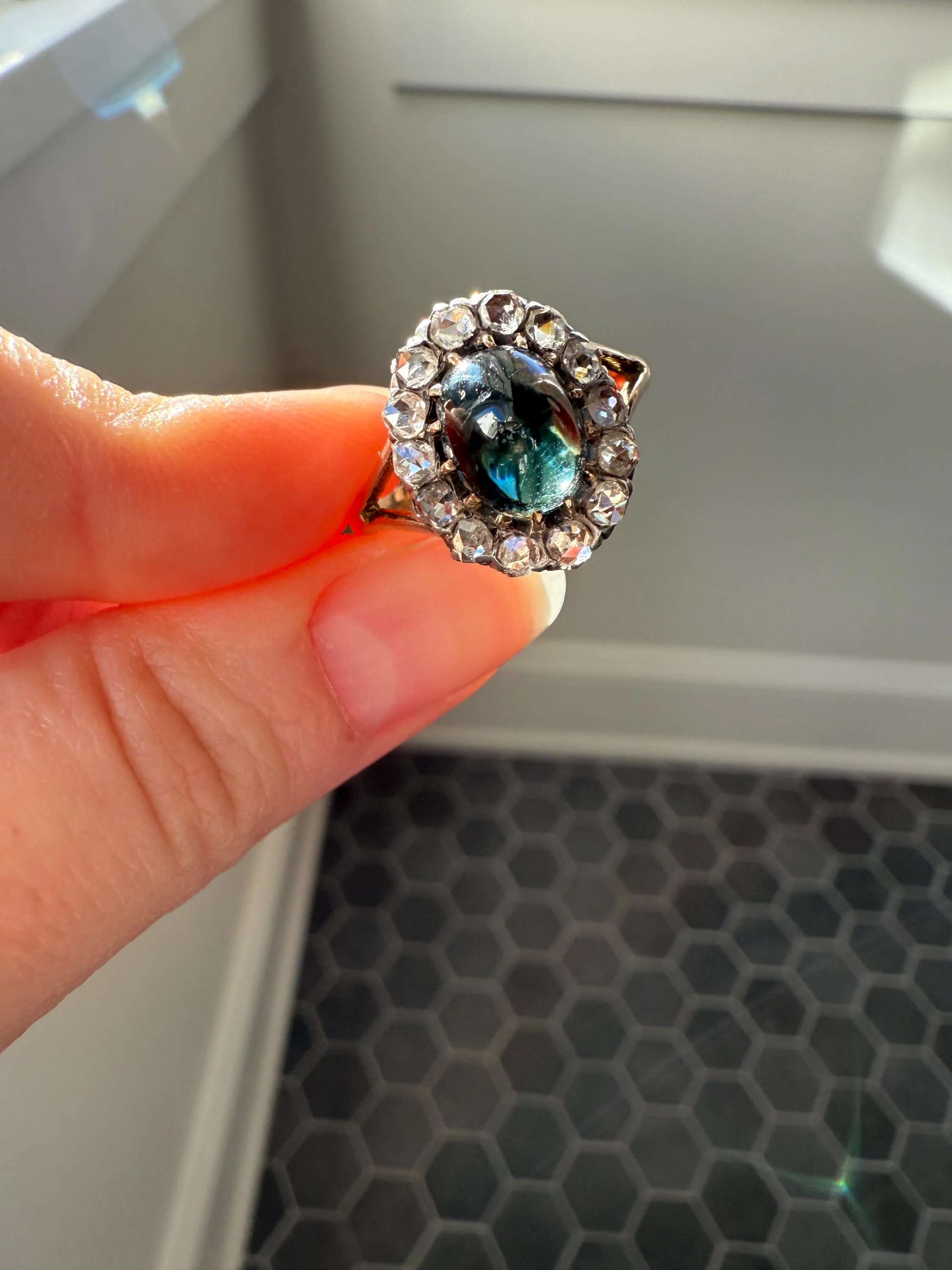 SAPPHIRE Antique Natural Blue Green Cabochon Rose Cut DIAMOND Halo Ring 14k Gold & Silver Domed Orb Unique Teal Gift Stacker - Image 2