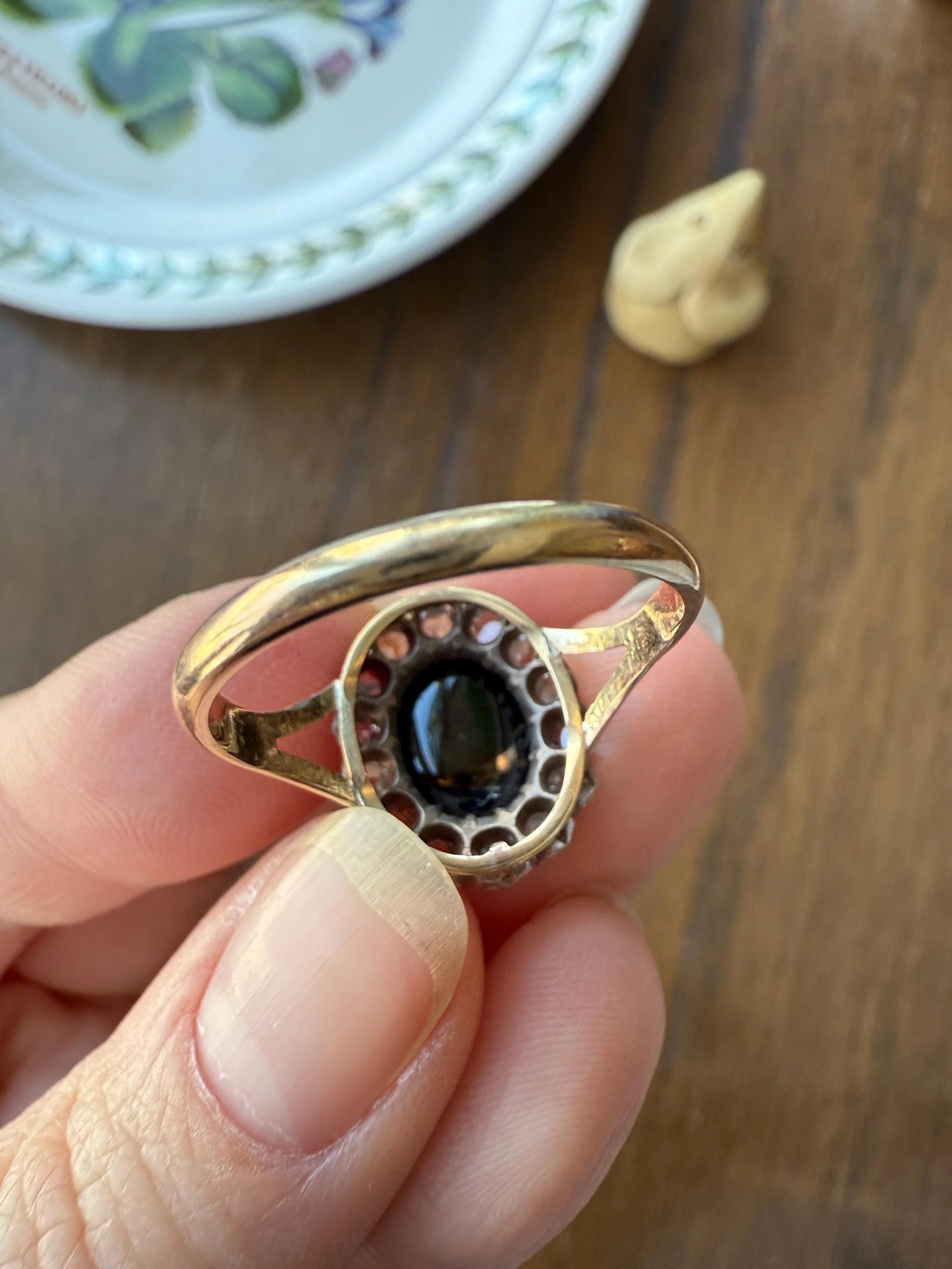 SAPPHIRE Antique Natural Blue Green Cabochon Rose Cut DIAMOND Halo Ring 14k Gold & Silver Domed Orb Unique Teal Gift Stacker - Image 20