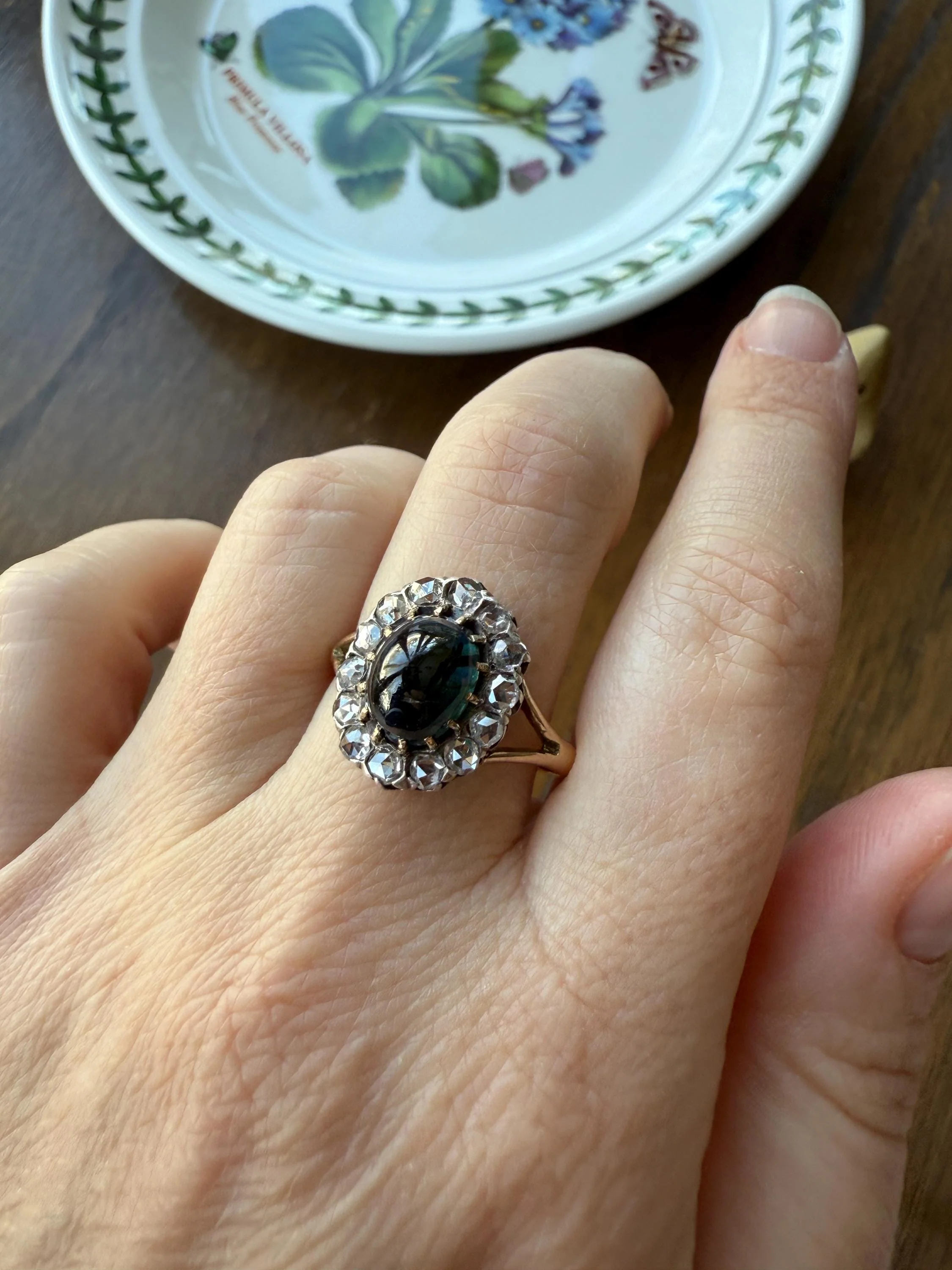 SAPPHIRE Antique Natural Blue Green Cabochon Rose Cut DIAMOND Halo Ring 14k Gold & Silver Domed Orb Unique Teal Gift Stacker - Image 3