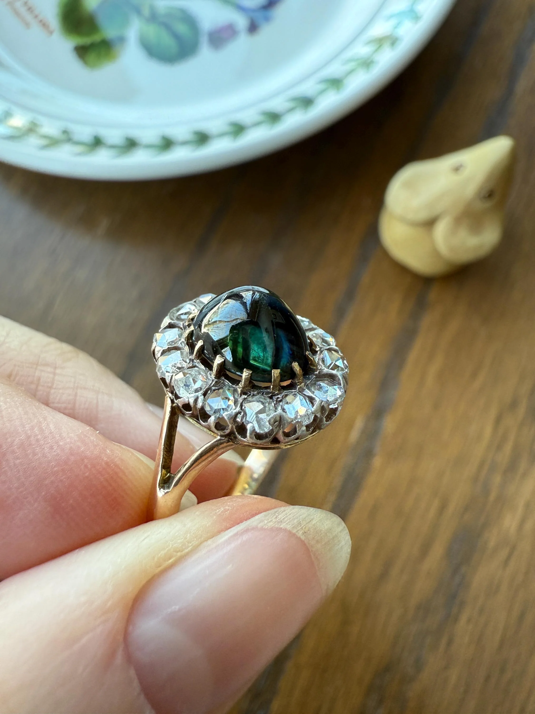 SAPPHIRE Antique Natural Blue Green Cabochon Rose Cut DIAMOND Halo Ring 14k Gold & Silver Domed Orb Unique Teal Gift Stacker - Image 4