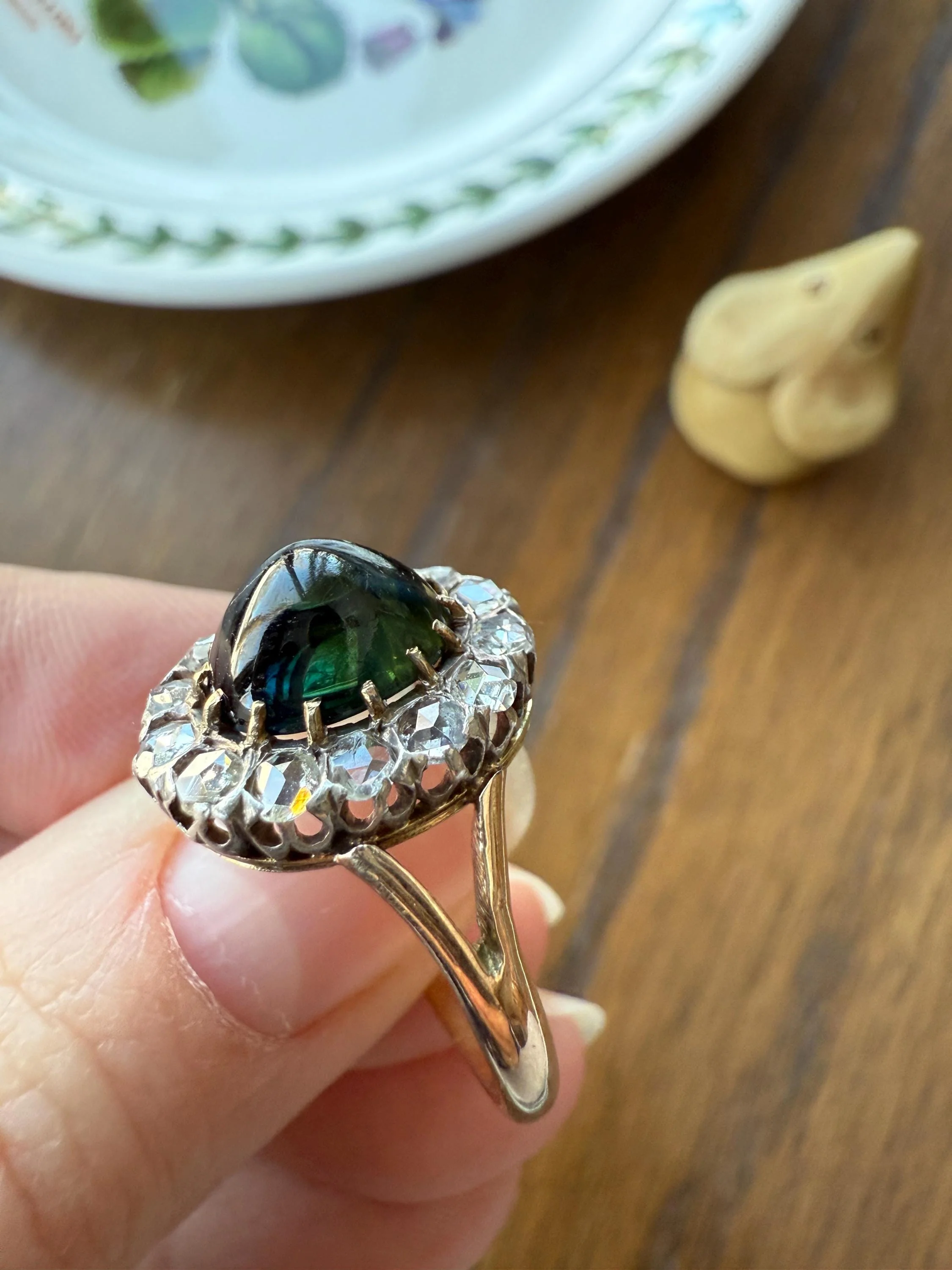 SAPPHIRE Antique Natural Blue Green Cabochon Rose Cut DIAMOND Halo Ring 14k Gold & Silver Domed Orb Unique Teal Gift Stacker - Image 5