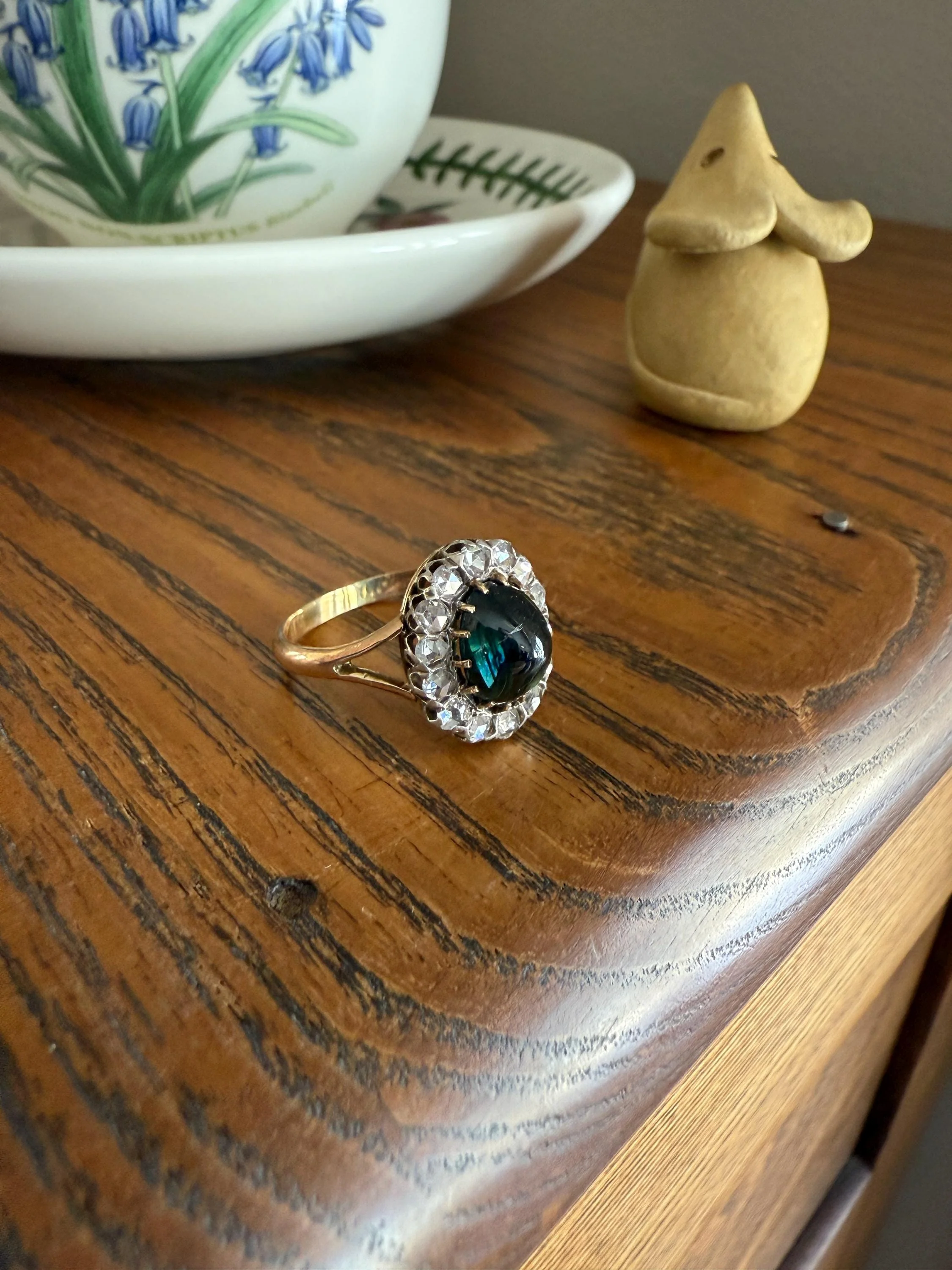 SAPPHIRE Antique Natural Blue Green Cabochon Rose Cut DIAMOND Halo Ring 14k Gold & Silver Domed Orb Unique Teal Gift Stacker - Image 6