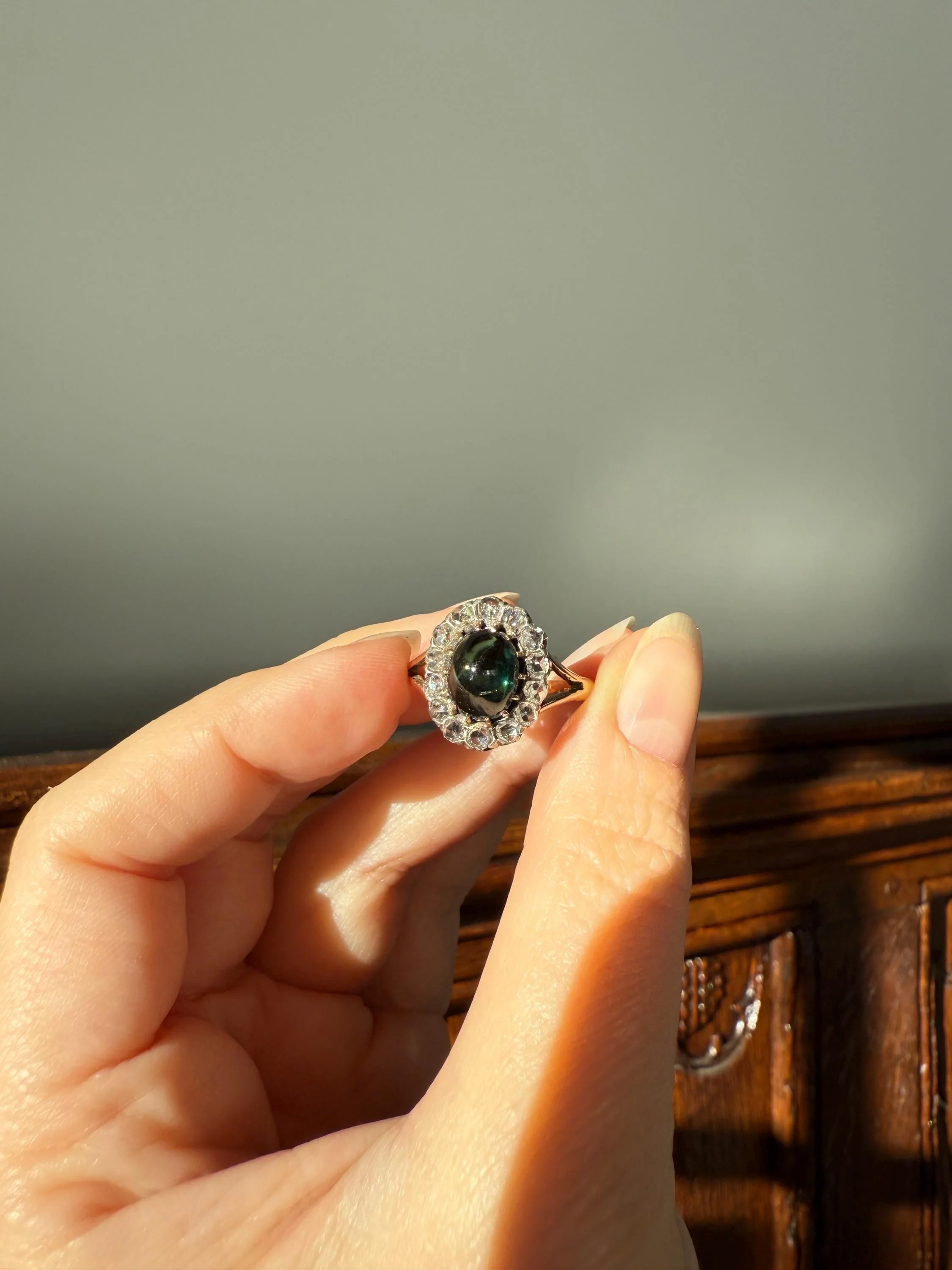 SAPPHIRE Antique Natural Blue Green Cabochon Rose Cut DIAMOND Halo Ring 14k Gold & Silver Domed Orb Unique Teal Gift Stacker - Image 7