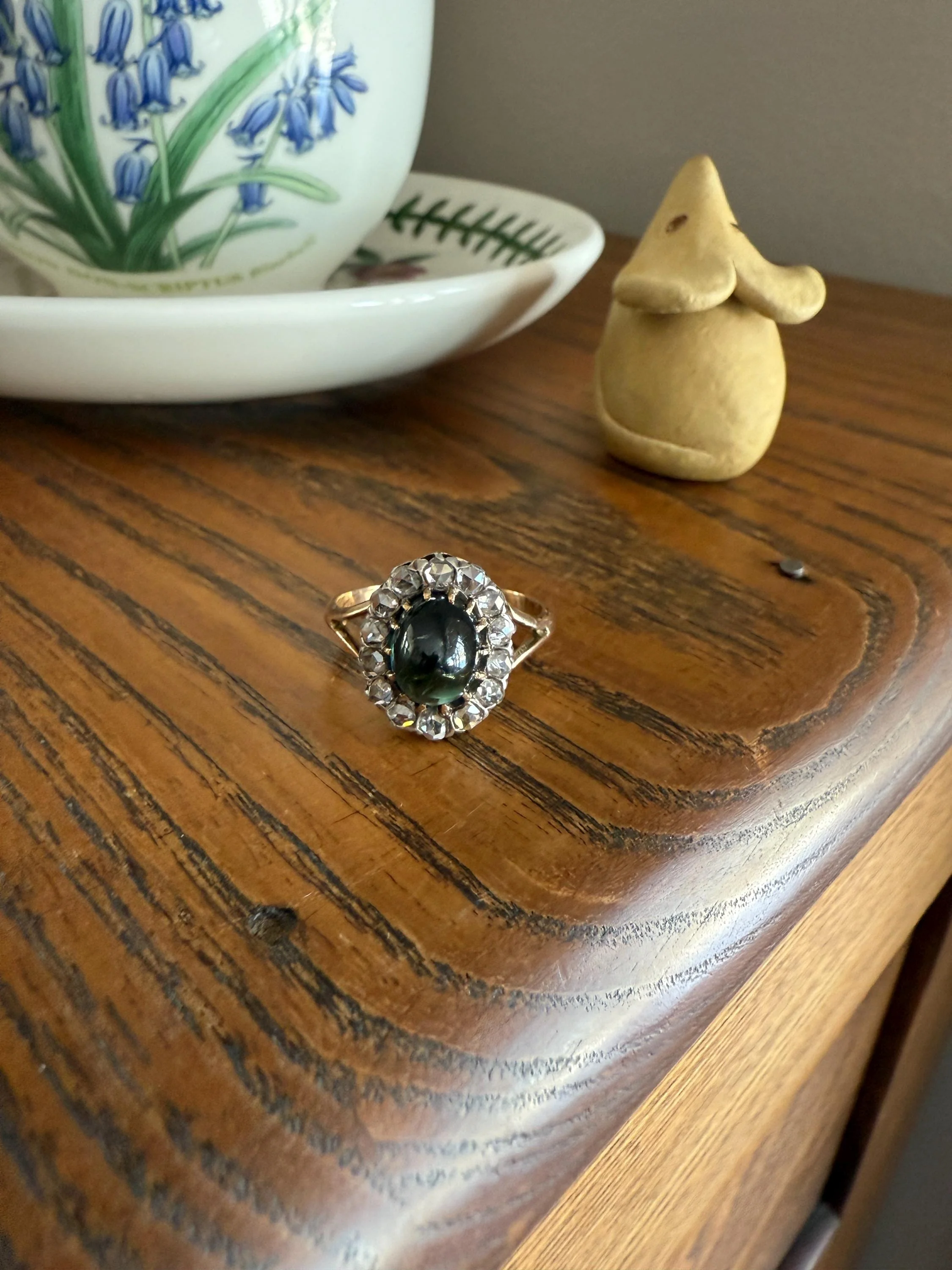 SAPPHIRE Antique Natural Blue Green Cabochon Rose Cut DIAMOND Halo Ring 14k Gold & Silver Domed Orb Unique Teal Gift Stacker - Image 8
