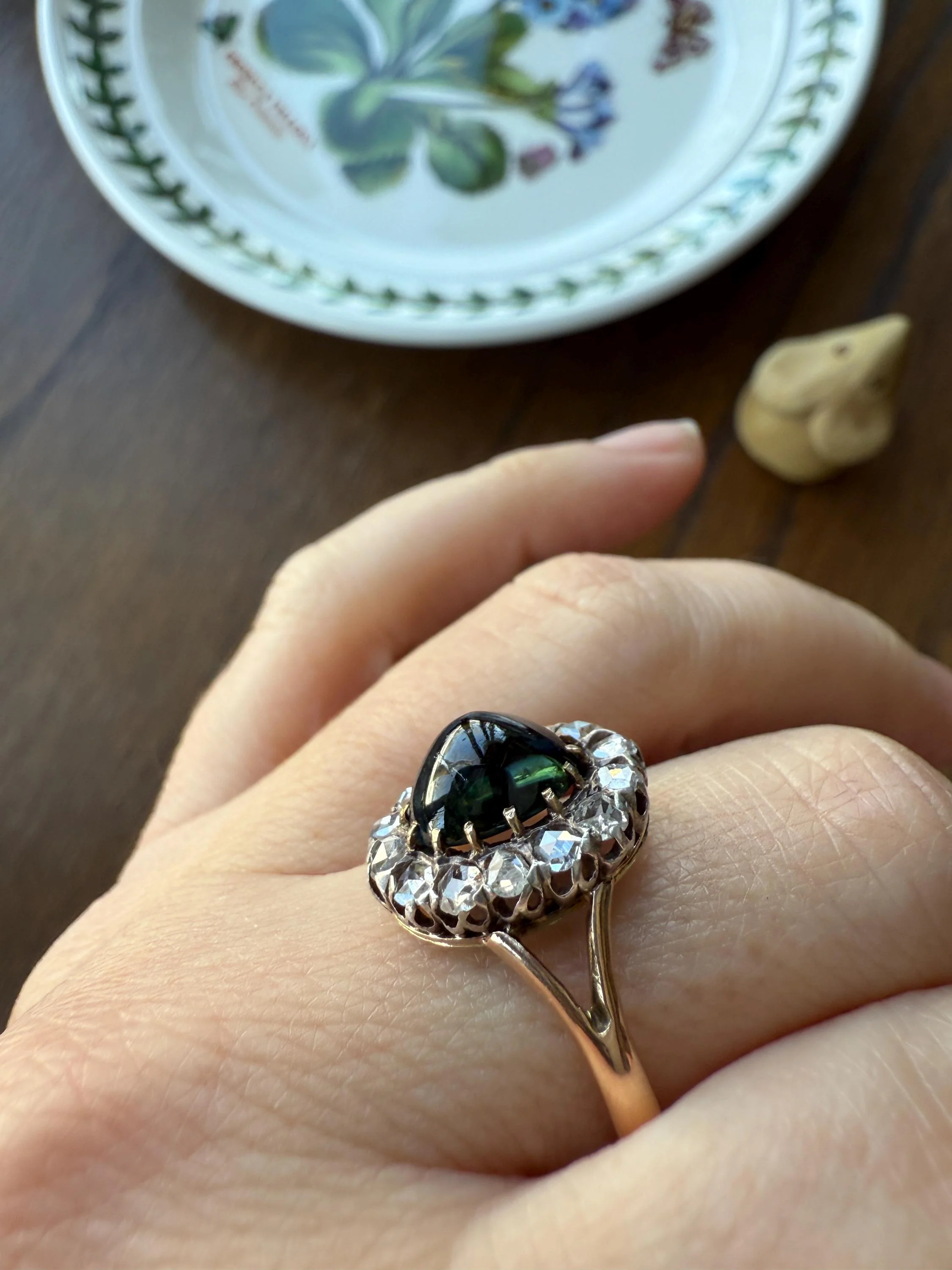 SAPPHIRE Antique Natural Blue Green Cabochon Rose Cut DIAMOND Halo Ring 14k Gold & Silver Domed Orb Unique Teal Gift Stacker - Image 9