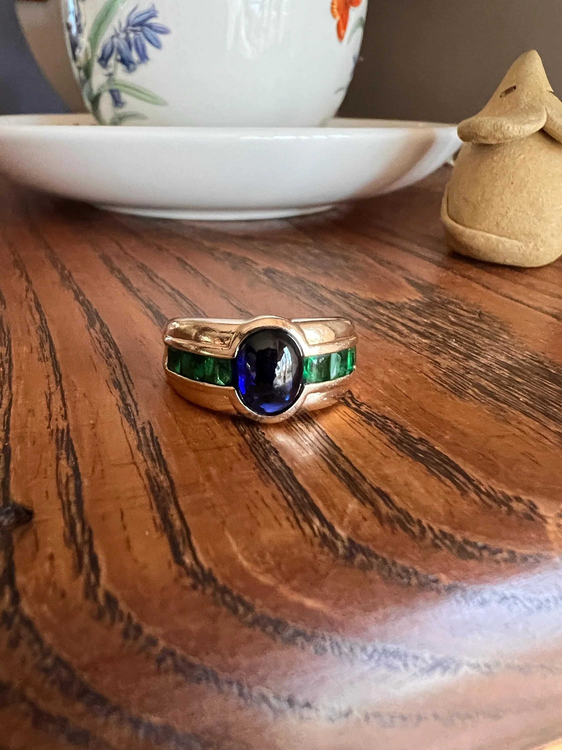 SAPPHIRE Green Paste Emerald Gypsy Ring Chunky French Vintage 14k Gold Solid Domed Cabochon Square Carre Line Band Blue - Image 11