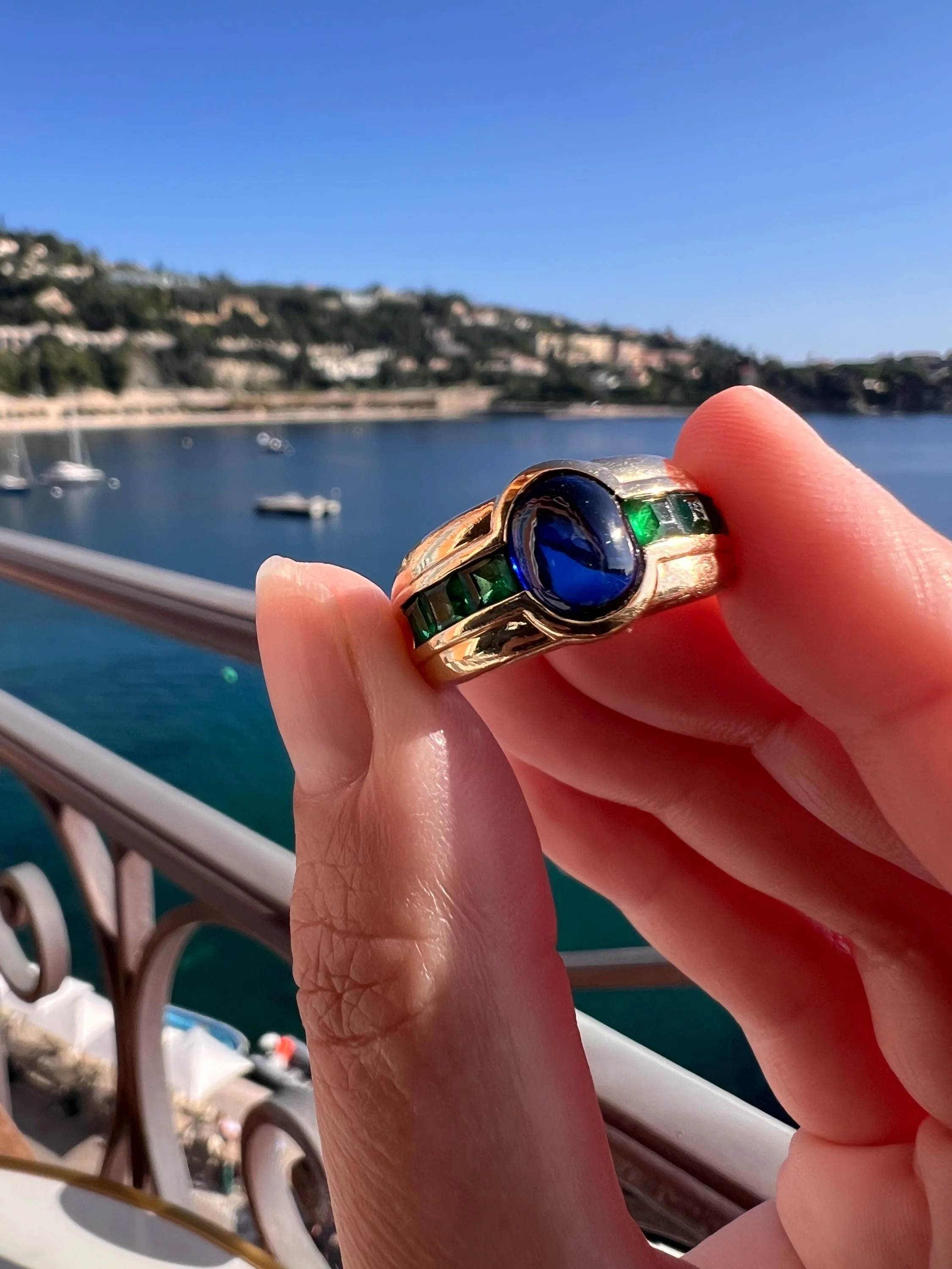 SAPPHIRE Green Paste Emerald Gypsy Ring Chunky French Vintage 14k Gold Solid Domed Cabochon Square Carre Line Band Blue - Image 5