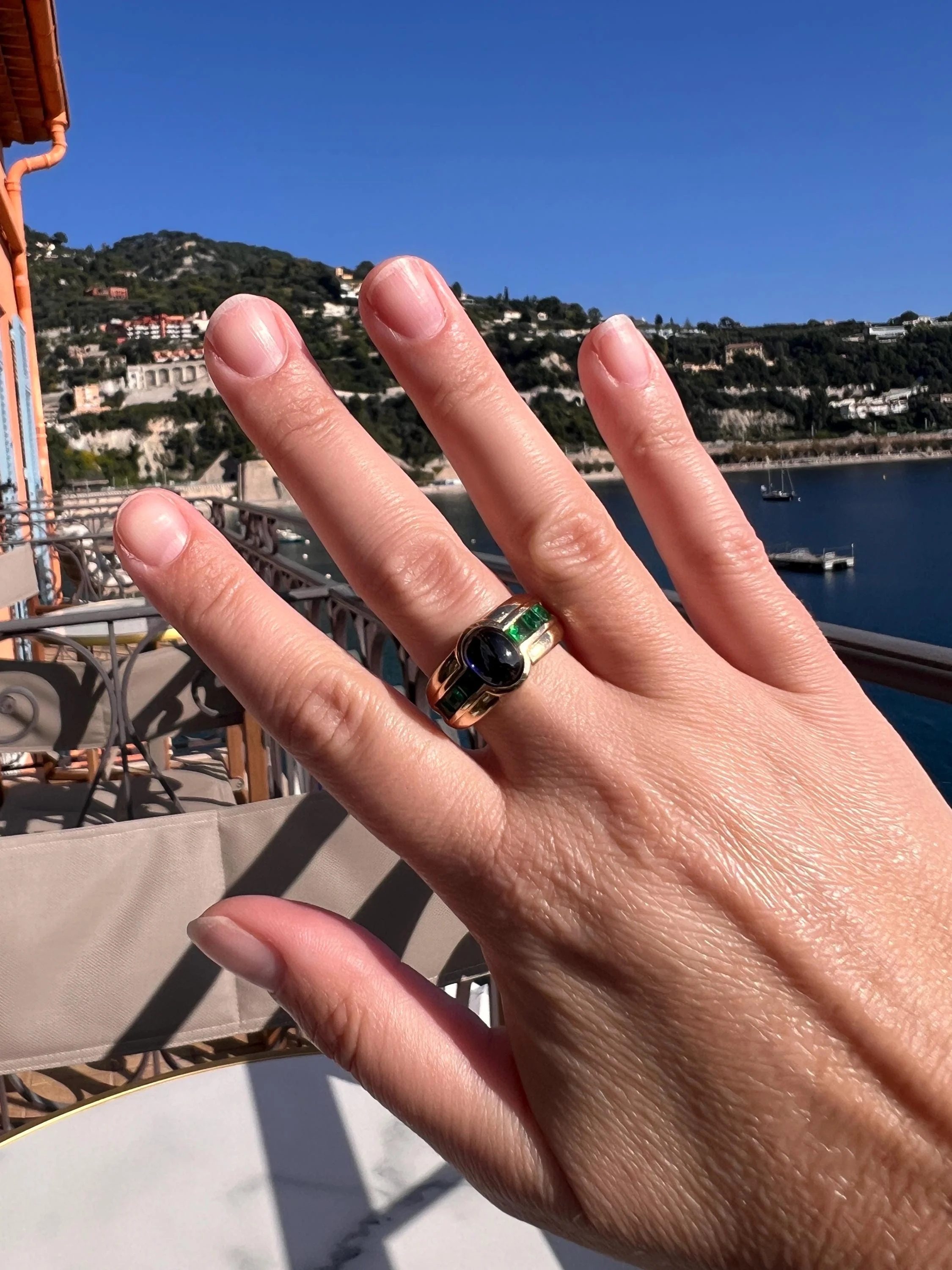 SAPPHIRE Green Paste Emerald Gypsy Ring Chunky French Vintage 14k Gold Solid Domed Cabochon Square Carre Line Band Blue - Image 6