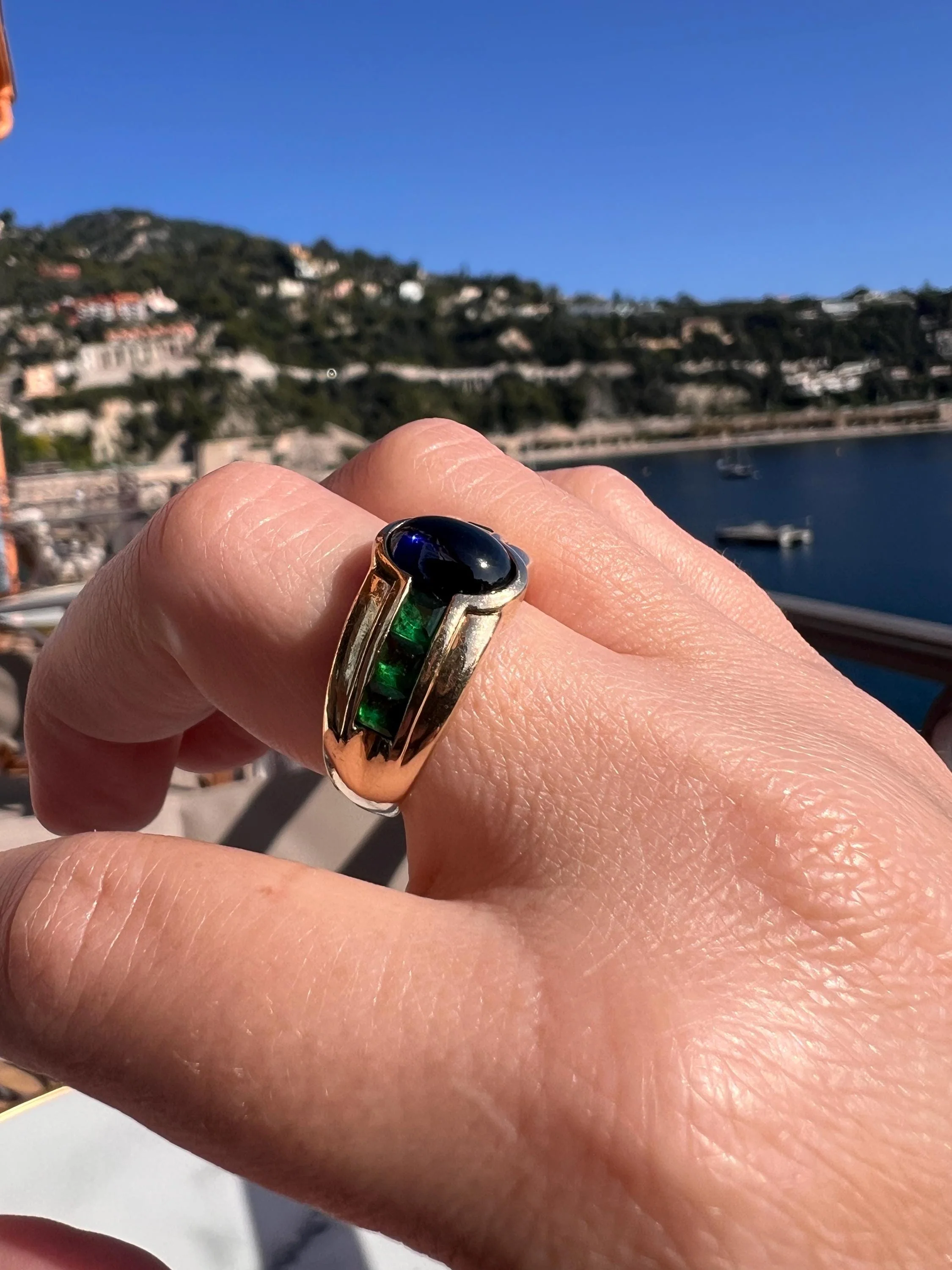 SAPPHIRE Green Paste Emerald Gypsy Ring Chunky French Vintage 14k Gold Solid Domed Cabochon Square Carre Line Band Blue - Image 7