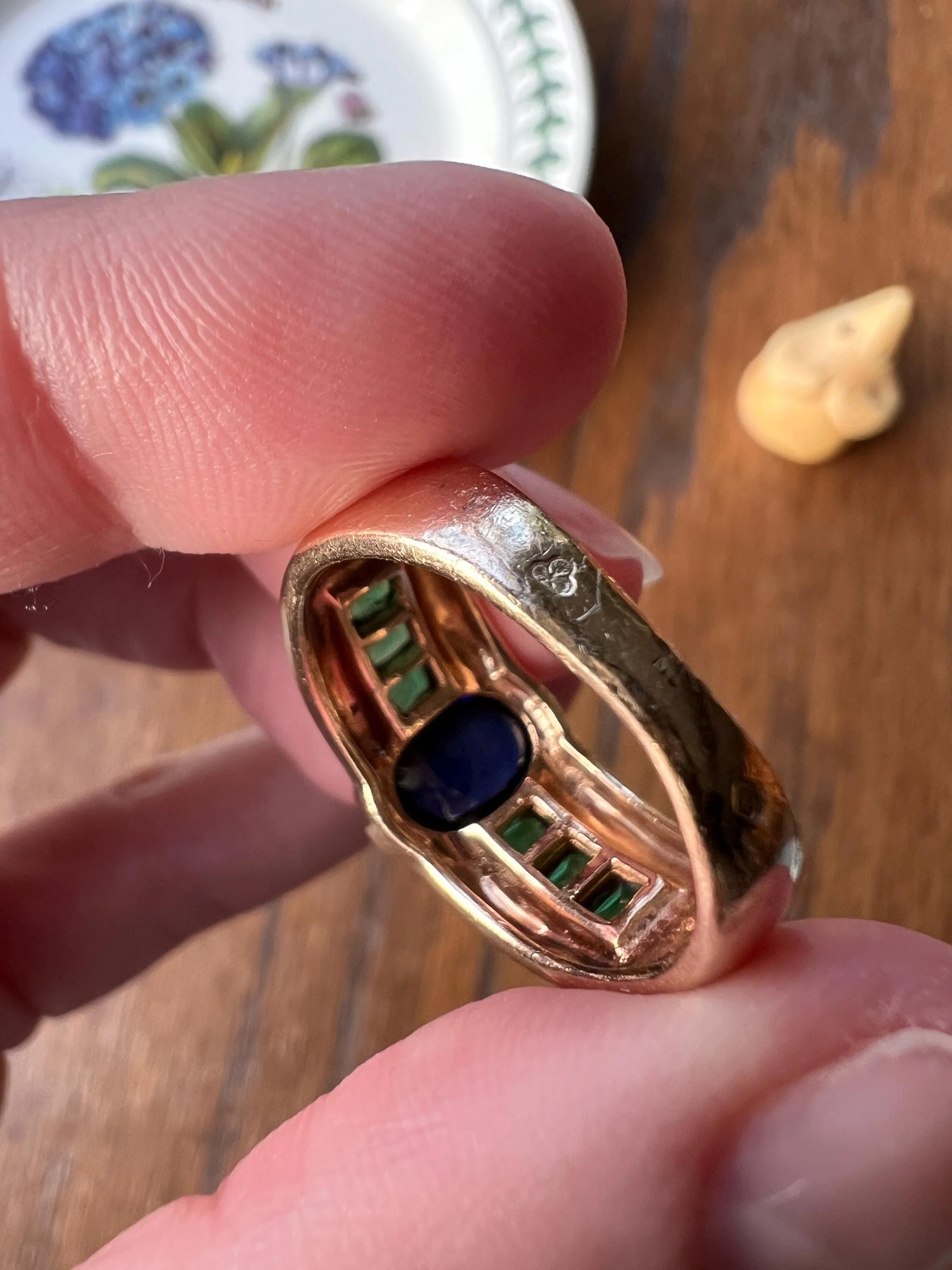 SAPPHIRE Green Paste Emerald Gypsy Ring Chunky French Vintage 14k Gold Solid Domed Cabochon Square Carre Line Band Blue - Image 9