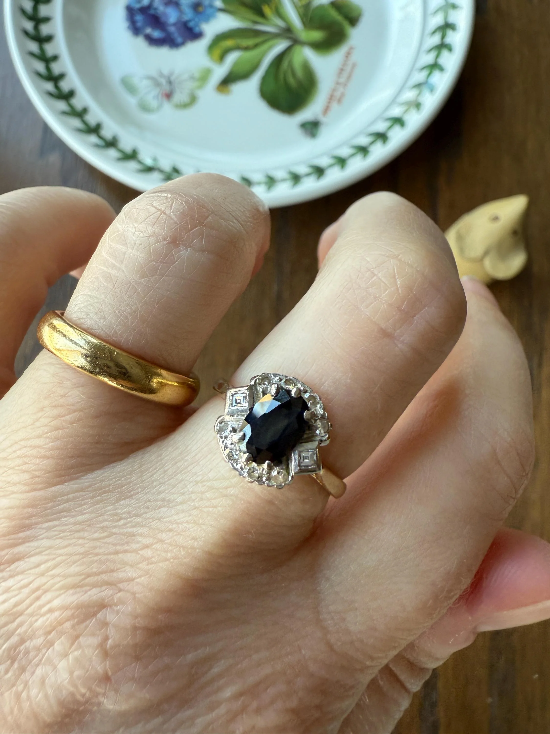 SAPPHIRE Natural Blue Green Single & Square Step Cut DIAMOND Halo Ring 18k Gold Platinum Vintage to Antique Art Deco Teal Gift Stacker - Image 10