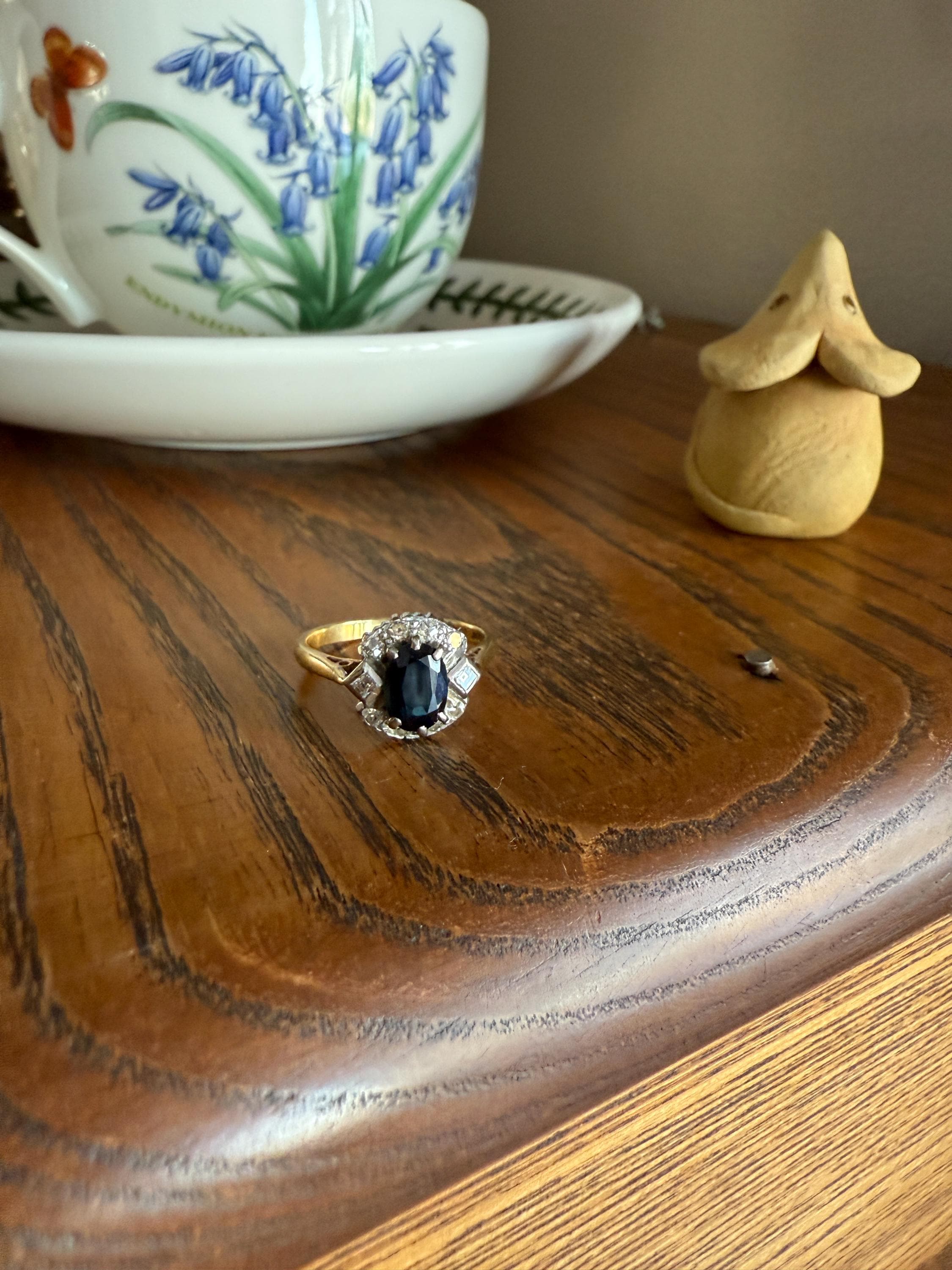 SAPPHIRE Natural Blue Green Single & Square Step Cut DIAMOND Halo Ring 18k Gold Platinum Vintage to Antique Art Deco Teal Gift Stacker - Image 12