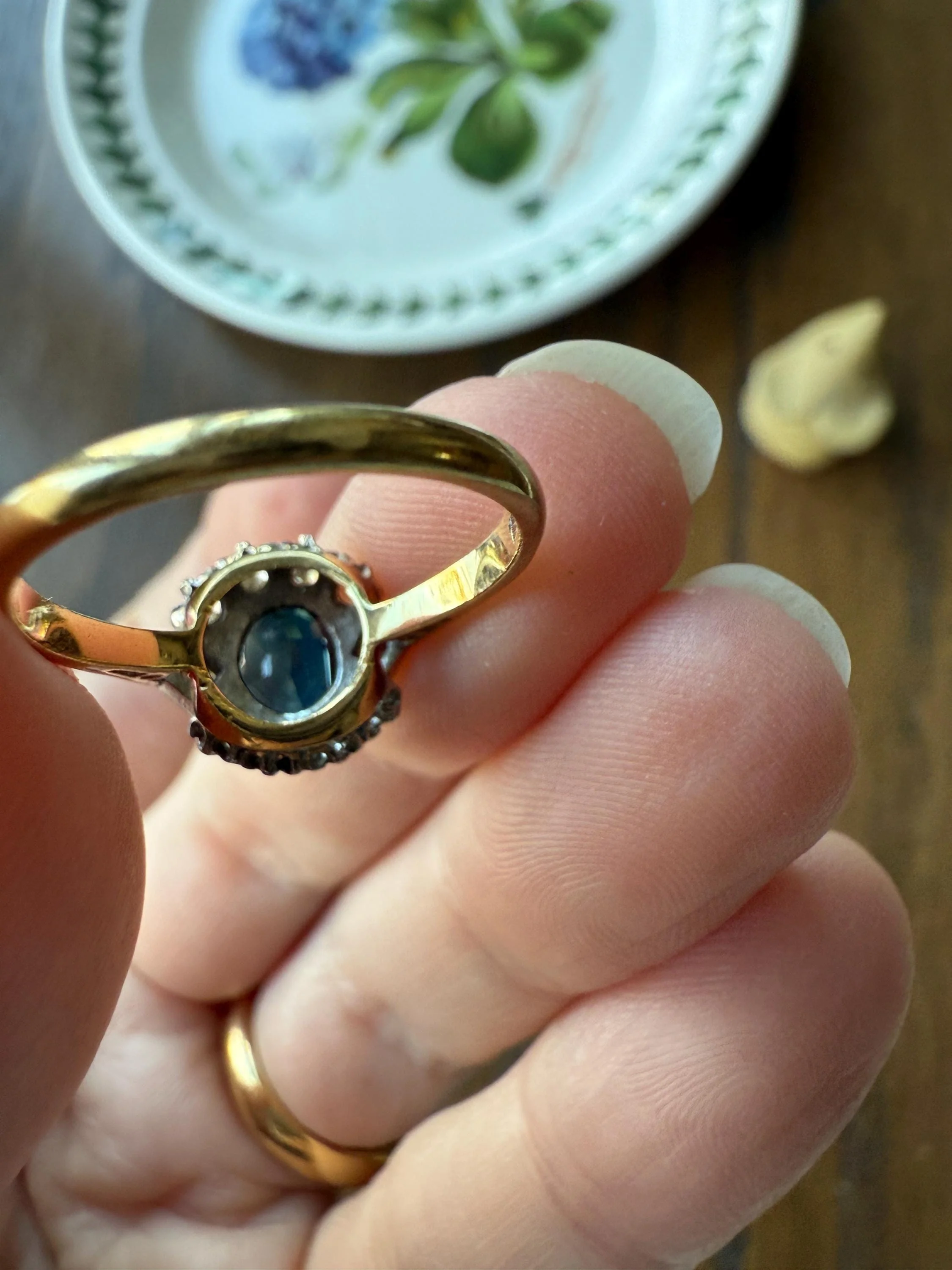 SAPPHIRE Natural Blue Green Single & Square Step Cut DIAMOND Halo Ring 18k Gold Platinum Vintage to Antique Art Deco Teal Gift Stacker - Image 13