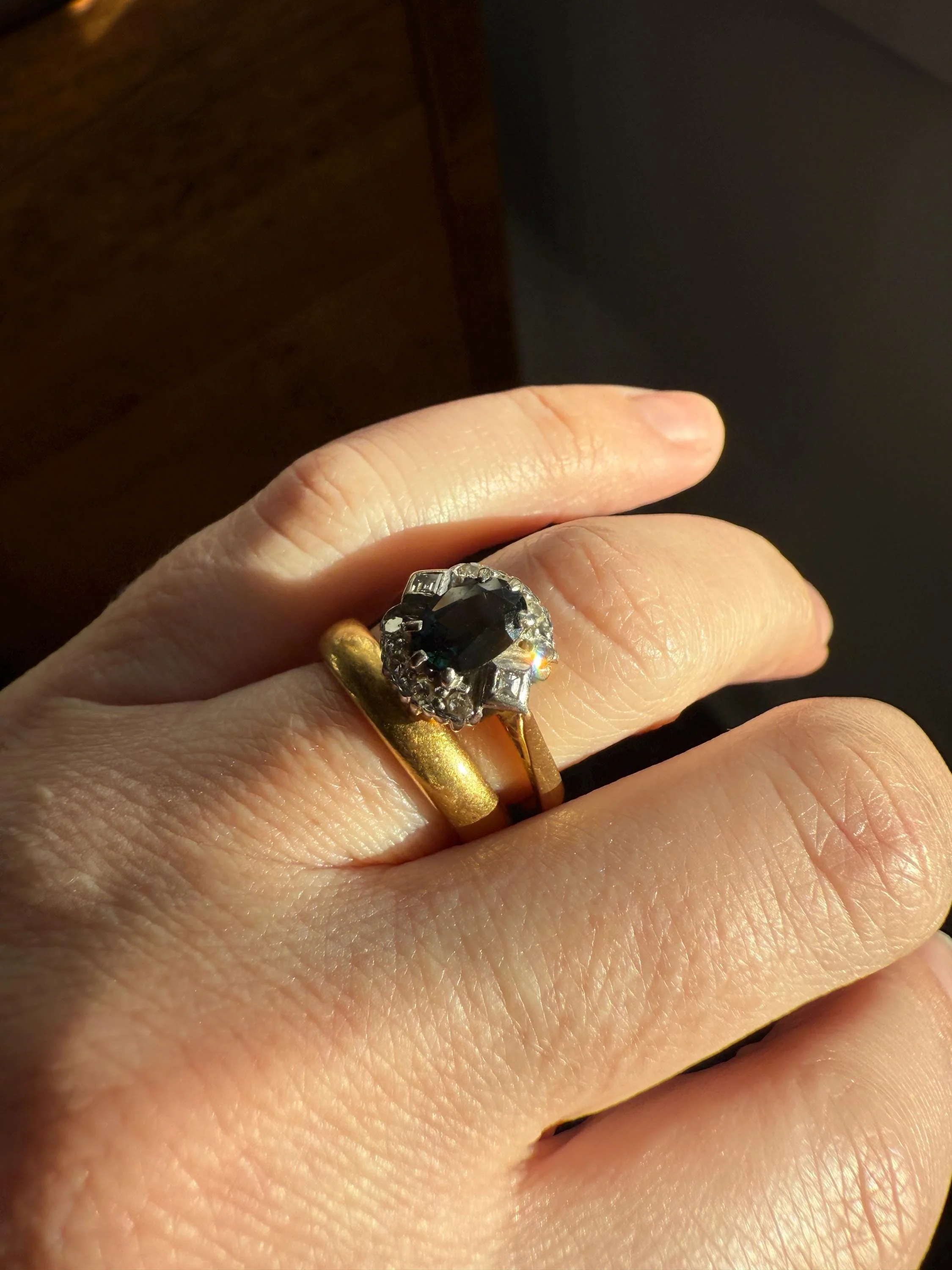 SAPPHIRE Natural Blue Green Single & Square Step Cut DIAMOND Halo Ring 18k Gold Platinum Vintage to Antique Art Deco Teal Gift Stacker - Image 16