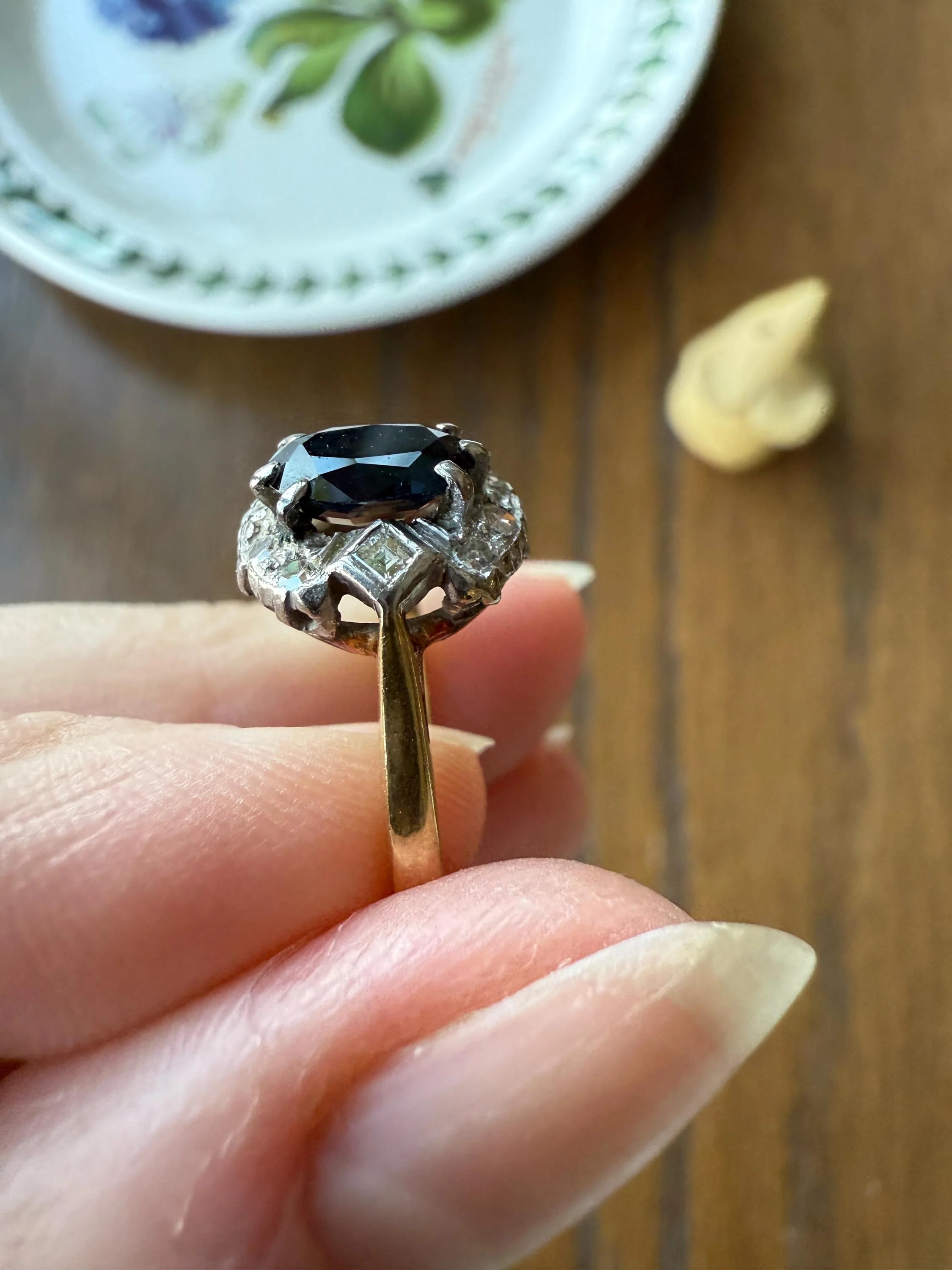 SAPPHIRE Natural Blue Green Single & Square Step Cut DIAMOND Halo Ring 18k Gold Platinum Vintage to Antique Art Deco Teal Gift Stacker - Image 17
